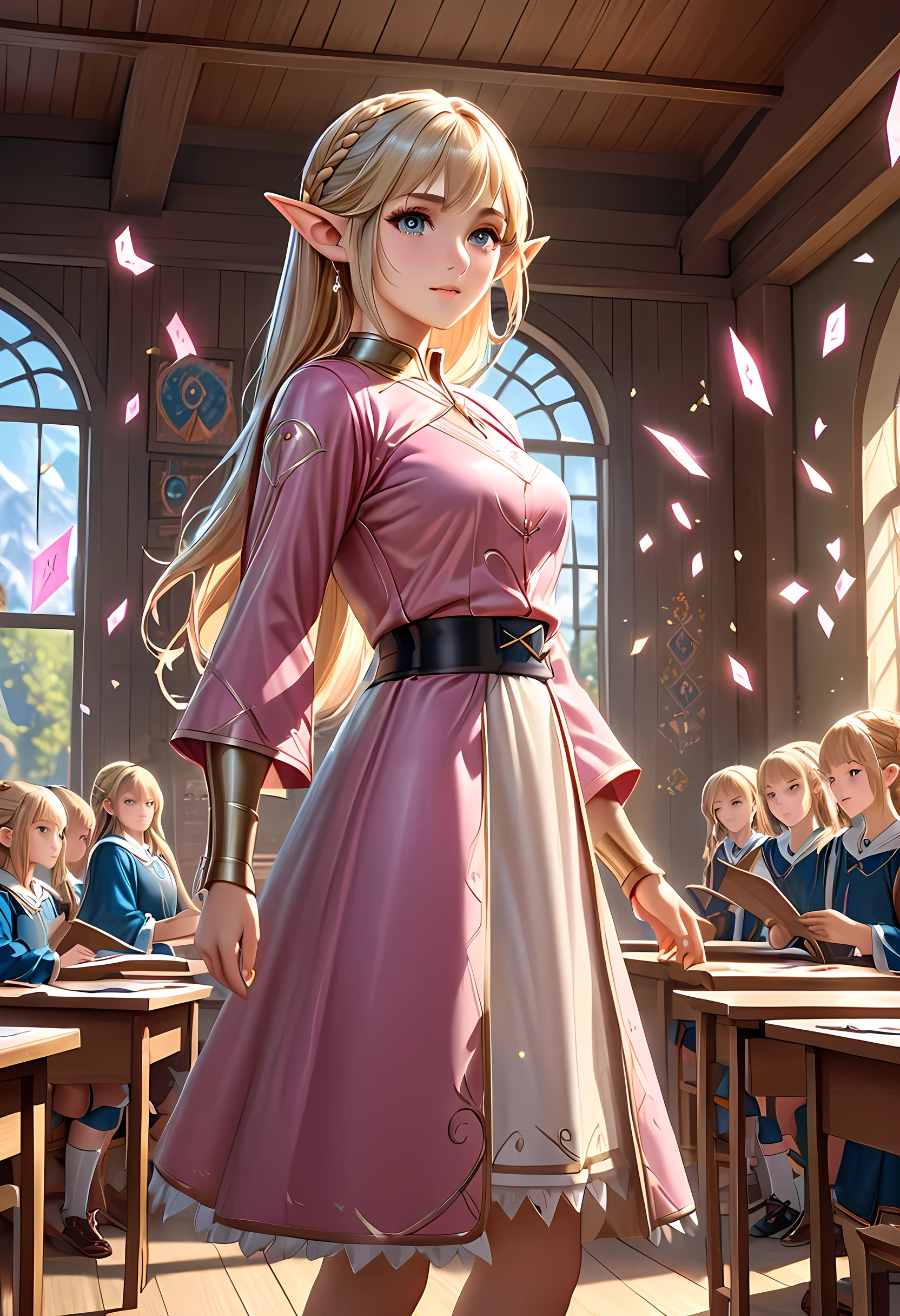 high details, best quality, 16k, [ultra detailed], masterpiece, best quality, (extremely detailed), ultra wide shot, photorealistic, a picture of an elf magical teacher (best details, Masterpiece, best quality: 1.5), teaching magical arts, manipulating magical pink magic runes in the air GlowingRunes_pink (best details, Masterpiece, best quality: 1.5) at fantasy classroom, a female elf, exquisite beauty (best details, Masterpiece, best quality: 1.5), ultra feminine (best details, Masterpiece, best quality: 1.5), full body (best details, Masterpiece, best quality: 1.5) golden hair, hair in a long braid, small pointed ears, dynamic eyes color, wearing a teachers robe, standing in the classroom (best details, Masterpiece, best quality: 1.5), fantasy class background, best realistic, best details, best quality, 16k, [ultra detailed], masterpiece, best quality, (extremely detailed), ultra wide shot, photorealism, room is lit with bright light, depth of field, half-elf ears, ArmoredDress