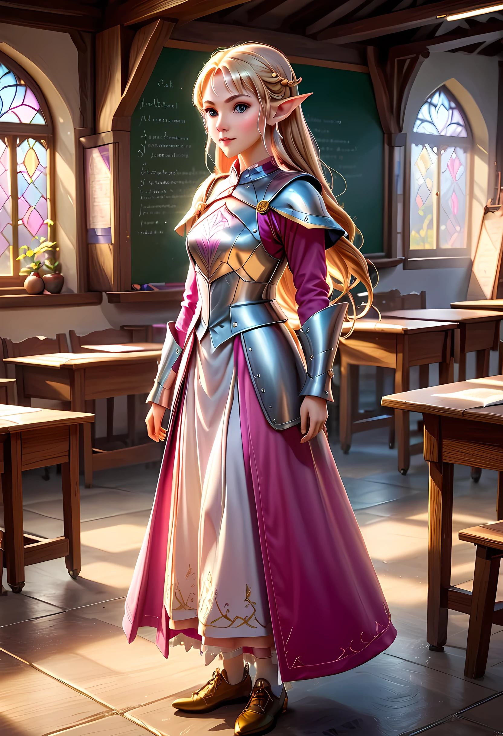 high details, best quality, 16k, [ultra detailed], masterpiece, best quality, (extremely detailed), ultra wide shot, photorealistic, a picture of an elf magical teacher (best details, Masterpiece, best quality: 1.5), teaching magical arts, manipulating magical pink magic runes in the air GlowingRunes_pink (best details, Masterpiece, best quality: 1.5) at fantasy classroom, a female elf, exquisite beauty (best details, Masterpiece, best quality: 1.5), ultra feminine (best details, Masterpiece, best quality: 1.5), full body (best details, Masterpiece, best quality: 1.5) golden hair, hair in a long braid, small pointed ears, dynamic eyes color, wearing a teachers robe, standing in the classroom (best details, Masterpiece, best quality: 1.5), fantasy class background, best realistic, best details, best quality, 16k, [ultra detailed], masterpiece, best quality, (extremely detailed), ultra wide shot, photorealism, room is lit with bright light, depth of field, half-elf ears, ArmoredDress