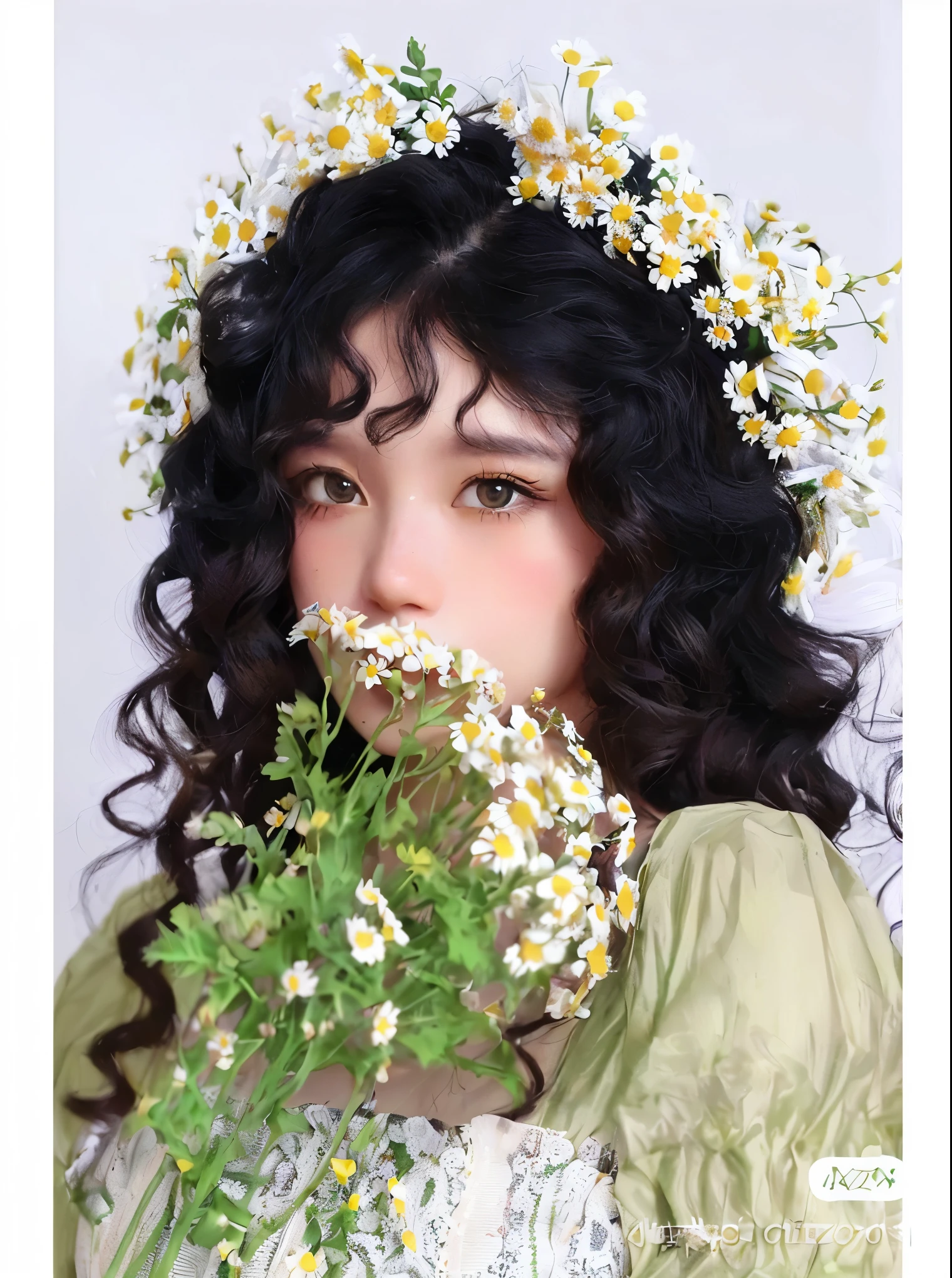 a close up of a woman with a flower crown on her head, with yellow flowers around it, floeers in hair, aesthetic portrait, wavy hair yellow theme, with flowers, flower crown, flowers on heir cheeks, head made of giant daisies, the flower crown, floral crown, curly bangs, flowers on hair, ulzzang, by Yang J