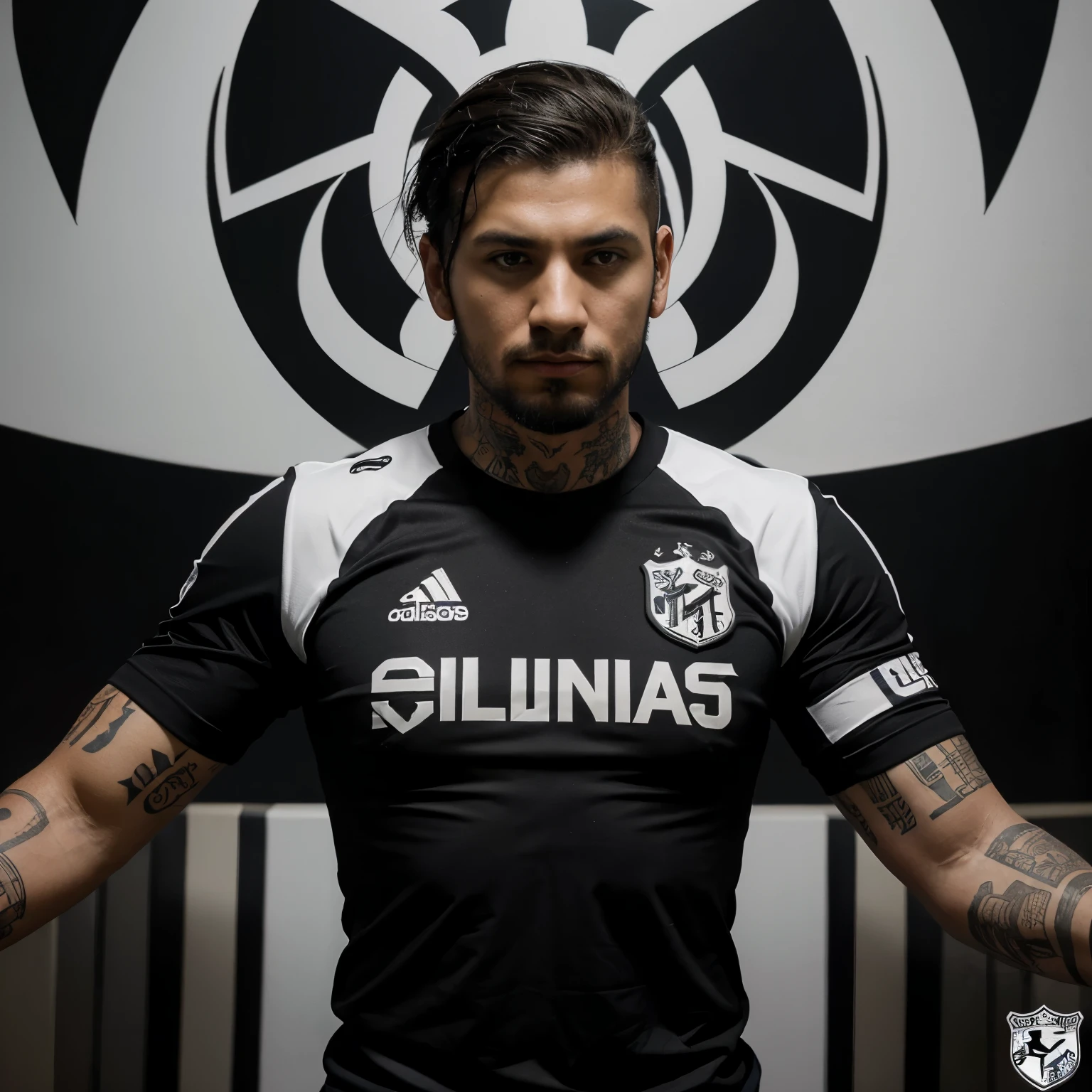 You could imagine a design where the insignia of the Alianza Lima football club is in the center, surrounded by a Christian cross on one side and a dragon on the other. Usa estilo tatuaje en el brazo