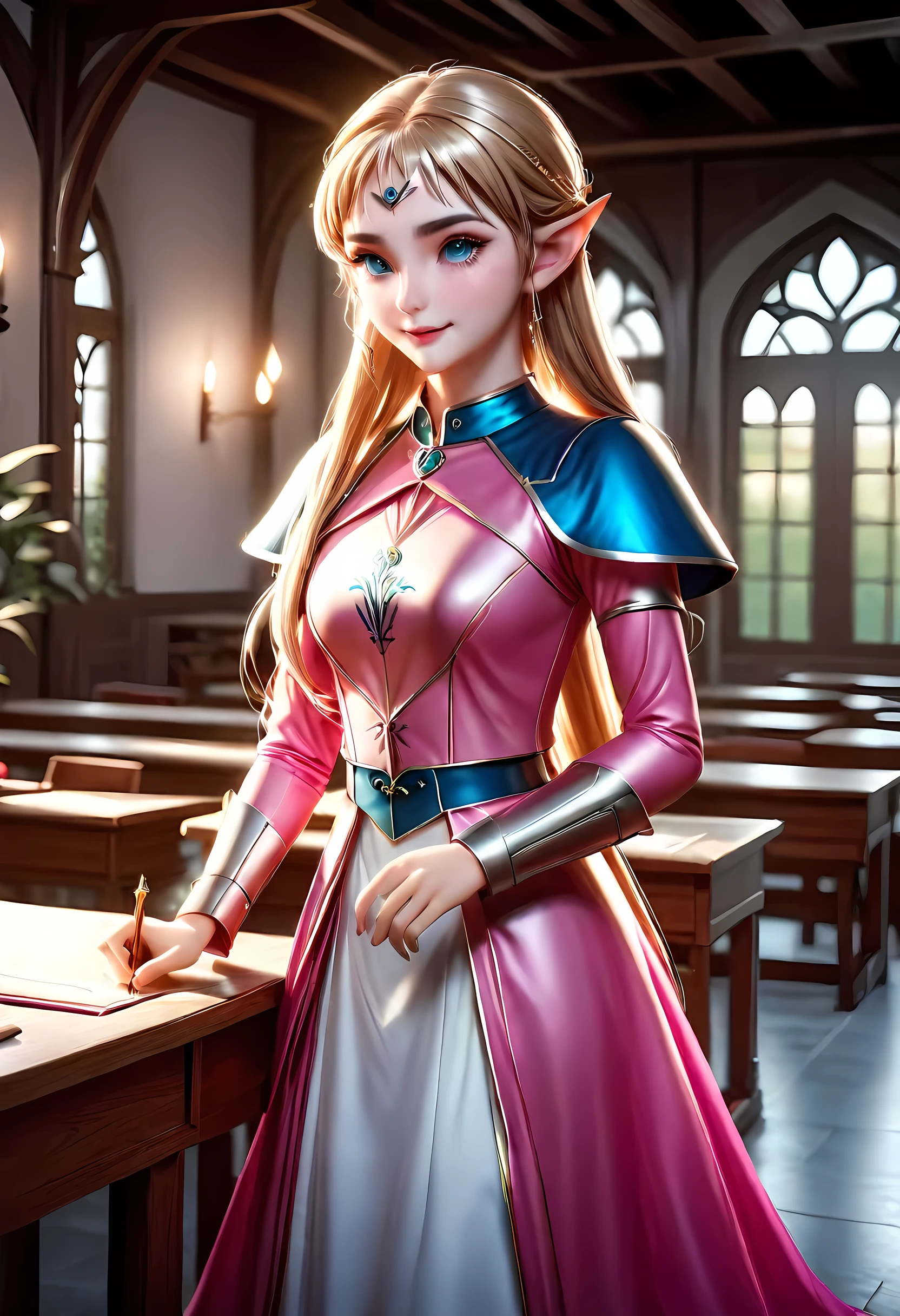 high details, best quality, 16k, [ultra detailed], masterpiece, best quality, (extremely detailed), ultra wide shot, photorealistic, a picture of an elf magical teacher (best details, Masterpiece, best quality: 1.5), teaching magical arts, manipulating magical pink magic runes in the air GlowingRunes_pink (best details, Masterpiece, best quality: 1.5) at fantasy classroom, a female elf, exquisite beauty (best details, Masterpiece, best quality: 1.5), ultra feminine (best details, Masterpiece, best quality: 1.5), full body (best details, Masterpiece, best quality: 1.5) golden hair, hair in a long braid, small pointed ears, dynamic eyes color, wearing a teachers robe, standing in the classroom (best details, Masterpiece, best quality: 1.5), fantasy class background, best realistic, best details, best quality, 16k, [ultra detailed], masterpiece, best quality, (extremely detailed), ultra wide shot, photorealism, room is lit with bright light, depth of field, half-elf ears, ArmoredDress