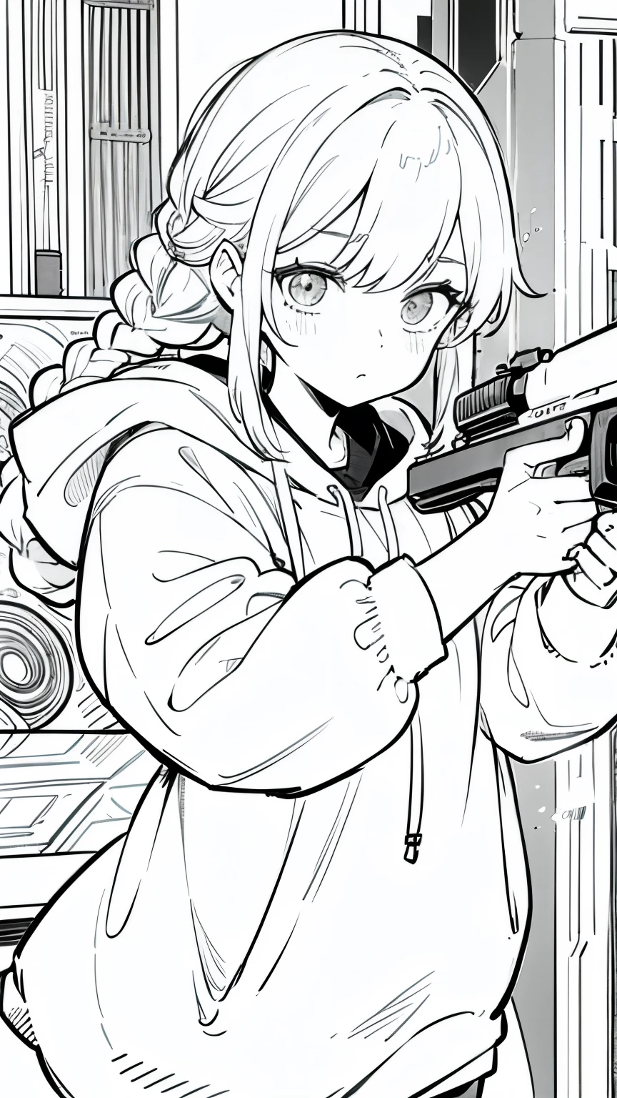 Line art, masterpiece, highest quality, Super Detail、Braid、Oversized hoodie,Cool expression,Ready your gun?,The background is cool