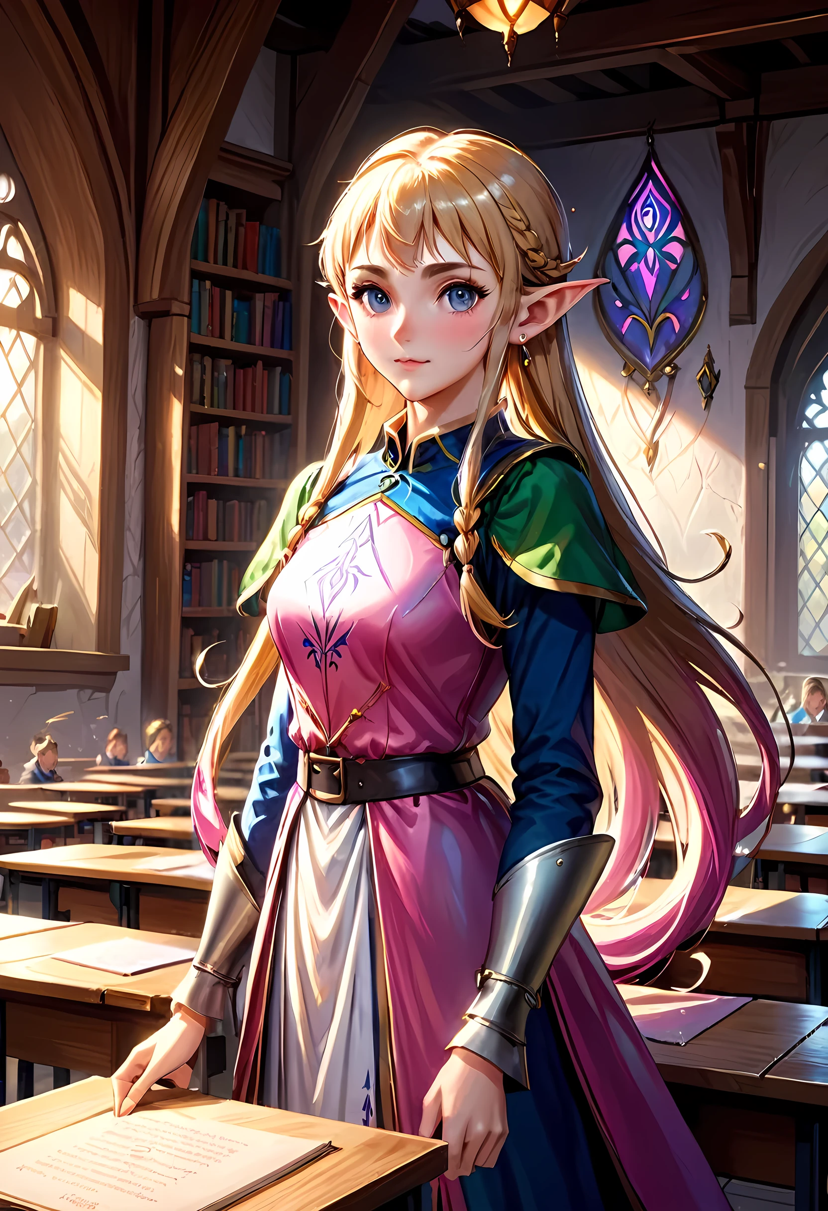 high details, best quality, 16k, [ultra detailed], masterpiece, best quality, (extremely detailed), ultra wide shot, photorealistic, a picture of an elf magical teacher (best details, Masterpiece, best quality: 1.5), teaching magical arts, manipulating magical pink magic runes in the air GlowingRunes_pink (best details, Masterpiece, best quality: 1.5) at fantasy classroom, a female elf, exquisite beauty (best details, Masterpiece, best quality: 1.5), ultra feminine (best details, Masterpiece, best quality: 1.5), full body (best details, Masterpiece, best quality: 1.5) golden hair, hair in a long braid, small pointed ears, dynamic eyes color, wearing a teachers robe, standing in the classroom (best details, Masterpiece, best quality: 1.5), fantasy class background, best realistic, best details, best quality, 16k, [ultra detailed], masterpiece, best quality, (extremely detailed), ultra wide shot, photorealism, room is lit with bright light, depth of field, half-elf ears, ArmoredDress