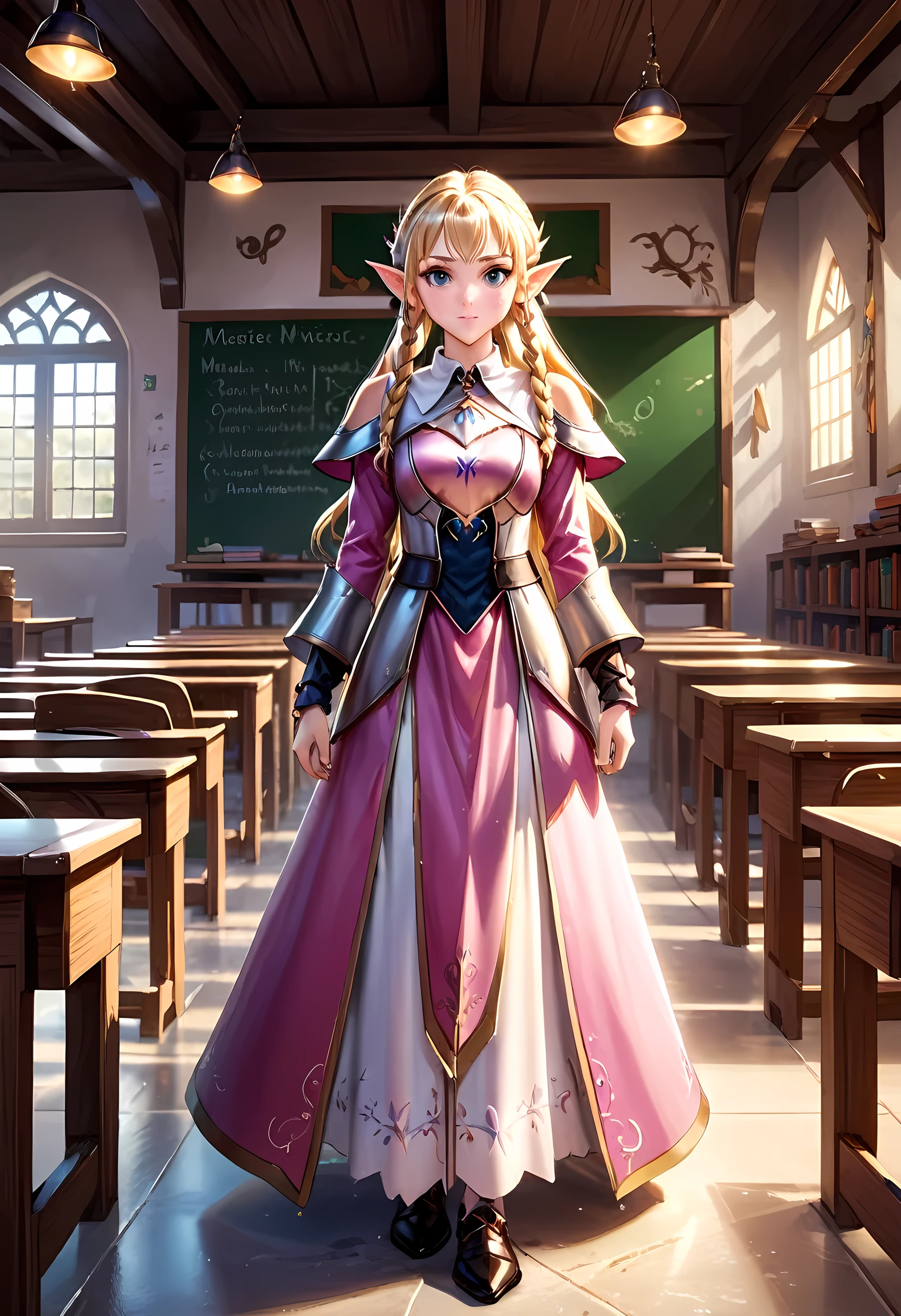 high details, best quality, 16k, [ultra detailed], masterpiece, best quality, (extremely detailed), ultra wide shot, photorealistic, a picture of an elf magical teacher (best details, Masterpiece, best quality: 1.5), teaching magical arts, manipulating magical pink magic runes in the air GlowingRunes_pink (best details, Masterpiece, best quality: 1.5) at fantasy classroom, a female elf, exquisite beauty (best details, Masterpiece, best quality: 1.5), ultra feminine (best details, Masterpiece, best quality: 1.5), full body (best details, Masterpiece, best quality: 1.5) golden hair, hair in a long braid, small pointed ears, dynamic eyes color, wearing a teachers robe, standing in the classroom (best details, Masterpiece, best quality: 1.5), fantasy class background, best realistic, best details, best quality, 16k, [ultra detailed], masterpiece, best quality, (extremely detailed), ultra wide shot, photorealism, room is lit with bright light, depth of field, half-elf ears, ArmoredDress