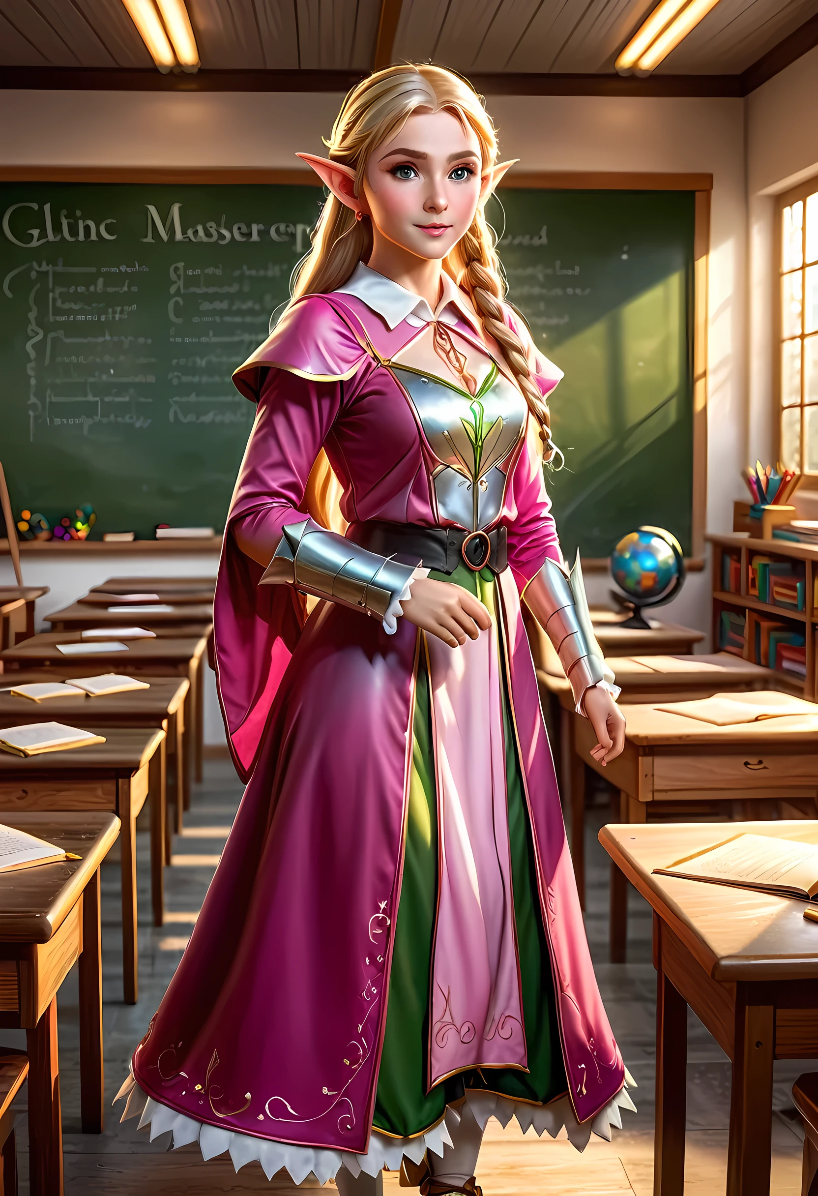 high details, best quality, 16k, [ultra detailed], masterpiece, best quality, (extremely detailed), ultra wide shot, photorealistic, a picture of an elf magical teacher (best details, Masterpiece, best quality: 1.5), teaching magical arts, manipulating magical pink magic runes in the air GlowingRunes_pink (best details, Masterpiece, best quality: 1.5) at fantasy classroom, a female elf, exquisite beauty (best details, Masterpiece, best quality: 1.5), ultra feminine (best details, Masterpiece, best quality: 1.5), full body (best details, Masterpiece, best quality: 1.5) golden hair, hair in a long braid, small pointed ears, dynamic eyes color, wearing a teachers robe, standing in the classroom (best details, Masterpiece, best quality: 1.5), fantasy class background, best realistic, best details, best quality, 16k, [ultra detailed], masterpiece, best quality, (extremely detailed), ultra wide shot, photorealism, room is lit with bright light, depth of field, half-elf ears, ArmoredDress