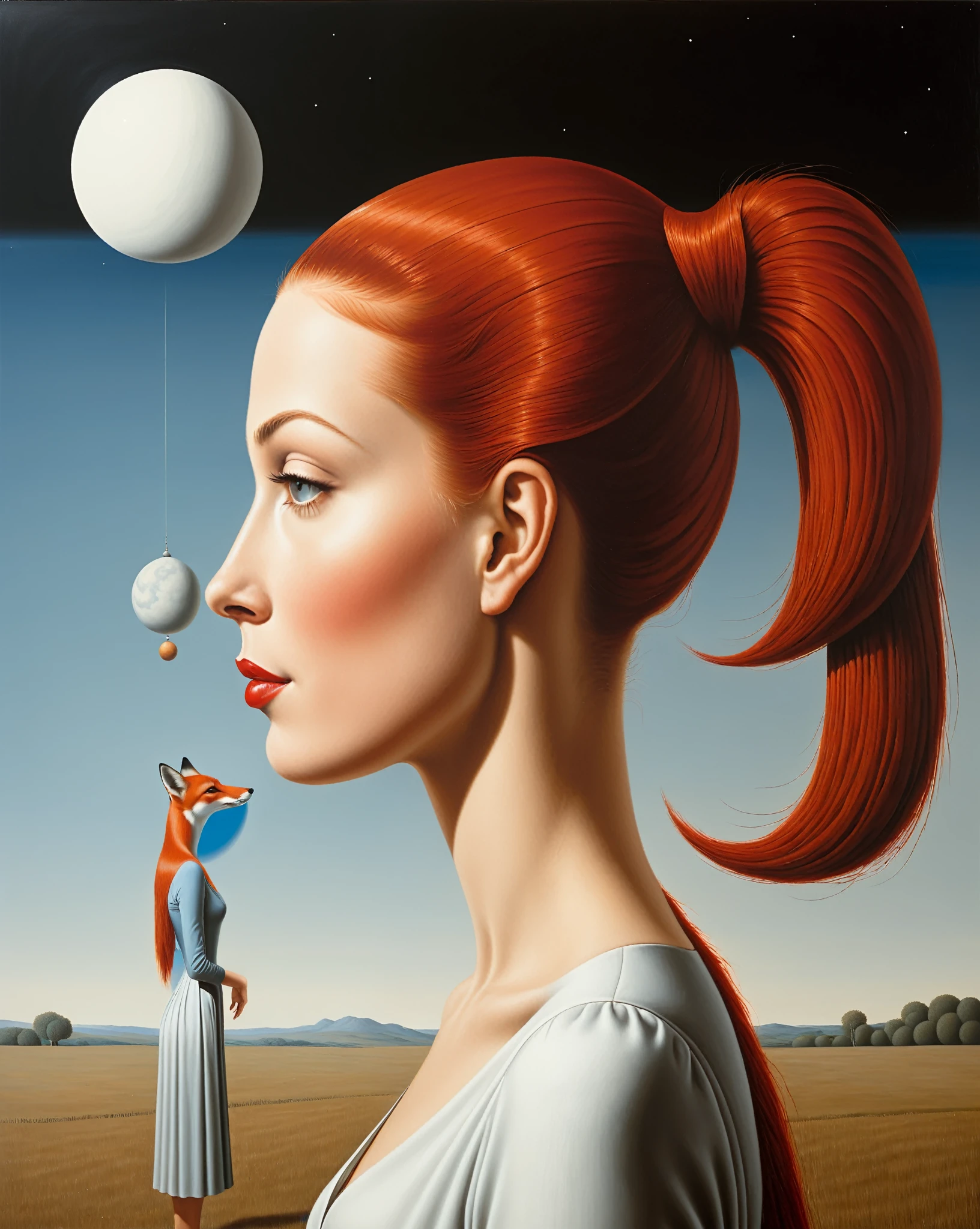 side view white girl with straight red haid no makeup acompanied with a fox, planet saturn - estilo surrealista, obra de arte surrealista, Sonhe como, Highly detailed René Magritte, obra de arte, High definition, masterpiece, painting like, HD

