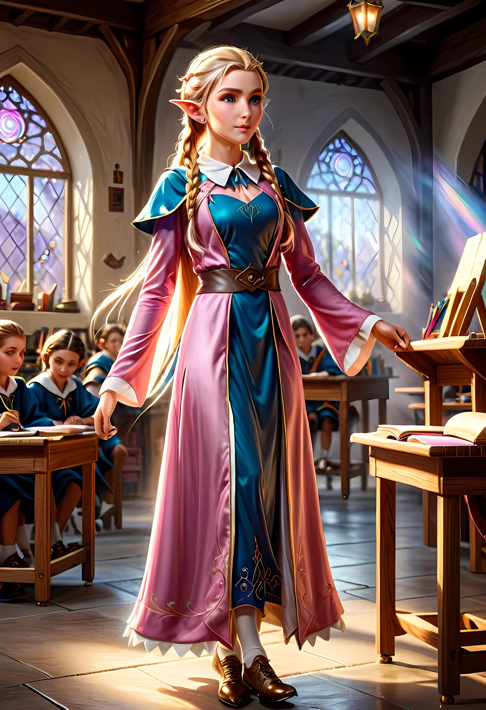 high details, best quality, 16k, [ultra detailed], masterpiece, best quality, (extremely detailed), ultra wide shot, photorealistic, a picture of an elf magical teacher (best details, Masterpiece, best quality: 1.5), teaching magical arts, manipulating magical pink magic runes in the air GlowingRunes_pink (best details, Masterpiece, best quality: 1.5) at fantasy classroom, a female elf, exquisite beauty (best details, Masterpiece, best quality: 1.5), ultra feminine (best details, Masterpiece, best quality: 1.5), full body (best details, Masterpiece, best quality: 1.5) golden hair, hair in a long braid, small pointed ears, dynamic eyes color, wearing a teachers robe, standing in the classroom (best details, Masterpiece, best quality: 1.5), fantasy class background, best realistic, best details, best quality, 16k, [ultra detailed], masterpiece, best quality, (extremely detailed), ultra wide shot, photorealism, room is lit with bright light, depth of field, half-elf ears, ArmoredDress