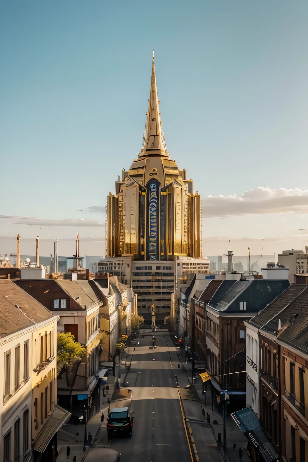 a city full of buildings but we see in the distance a building that stands out from the others because it is all gold with a crown at the top of it