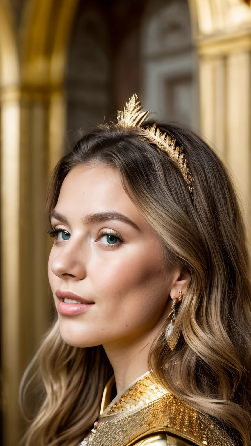 A young queen stands in a medieval palace of ((golden treasures)) umgeben, dressed like a queen, she wears a ((goldenes langes gewand)), auf dem kopf eine ((goldene krone)), goldene ketten, goldene armreifen, she holds a ((goldenes schwert)), smiling, supersticious, majestic, she is a 22-year-old woman, She has beautiful shoulder-length blonde hair, (yellow-brown blonde hair), (blonde tiny eyebrows), bright grey green eyes with great Details, glattes haar, (angular face: 1.3), (long face: 1.4), beautiful face, dunkler Palast mit Gold und Marmor, professionelle beleuchtung, (whole body: 1.5) photo from a distance, (distance shot: 2), seen from front, Full body photo, realistisches foto