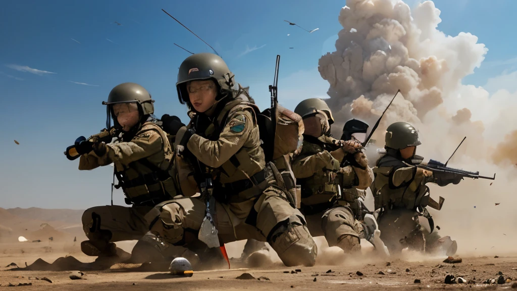 Grand war scene，A group of Chinese female special forces soldiers parachuting and fighting with assault rifles, bulletproof vest, Backpack, boots, covered in wounds, Determined gaze, Dynamic poses, Chariot，Fighter，Tactical Formation，Innovative configuration, Oil painting effect of dust in the air，Wide screen