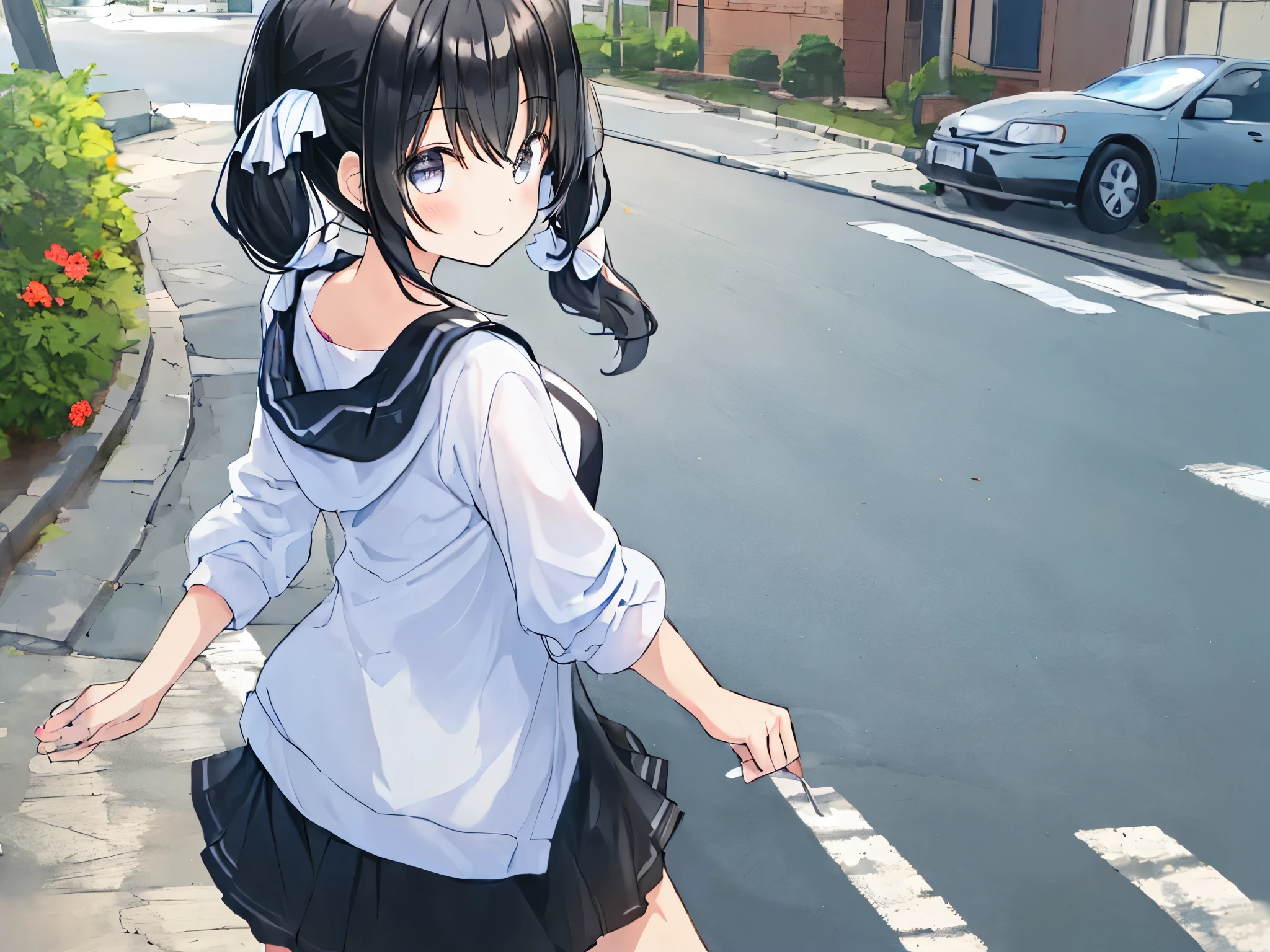 ((low twin tail:1.3)),Black Hair,Medium Hair,smile,Walking,look back,medium breasts,Casual attire,Stray cat shirts,Cat jarashi