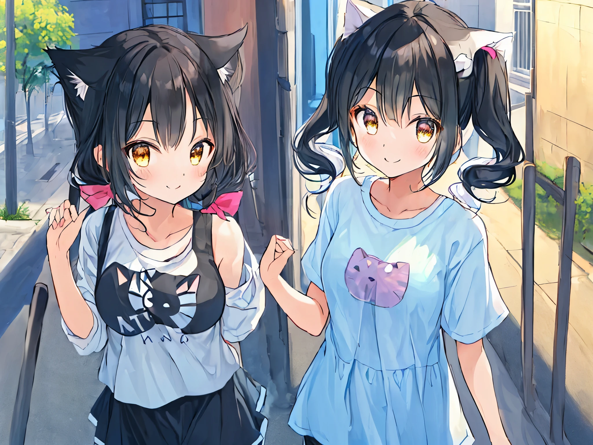 ((low twin tail:1.3)),Black Hair,Medium Hair,smile,Walking,look back,medium breasts,Casual attire,Stray cat shirts,Cat jarashi