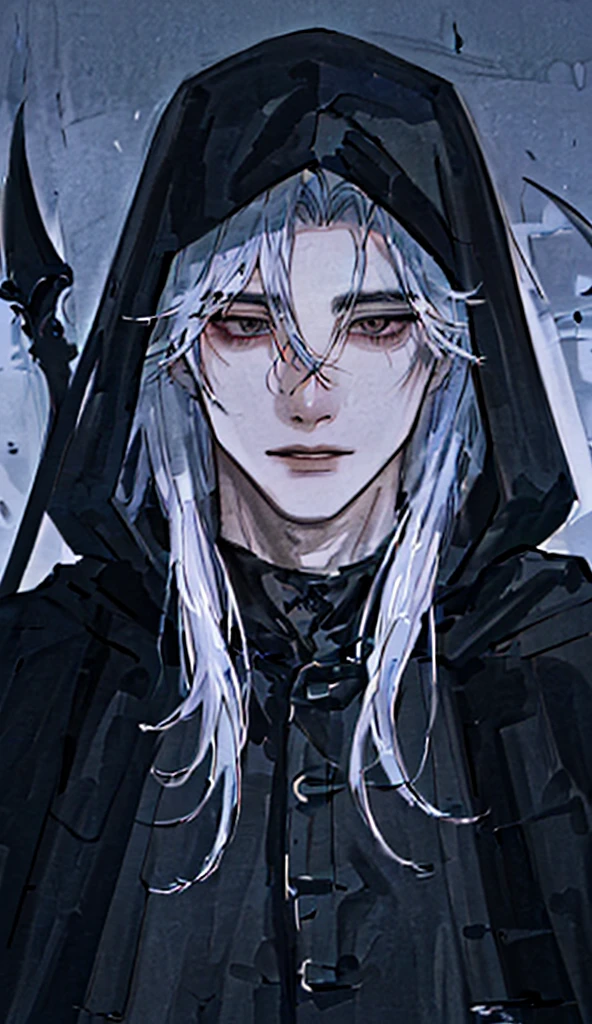 1man, portrait, mysterious appearance, solo, male focus, hair covered with a black hood, transparent skin tone,the grim reaper, dark, black tunic with hood covering the head, black smoke, folktale monster, death, beautiful handsomely.