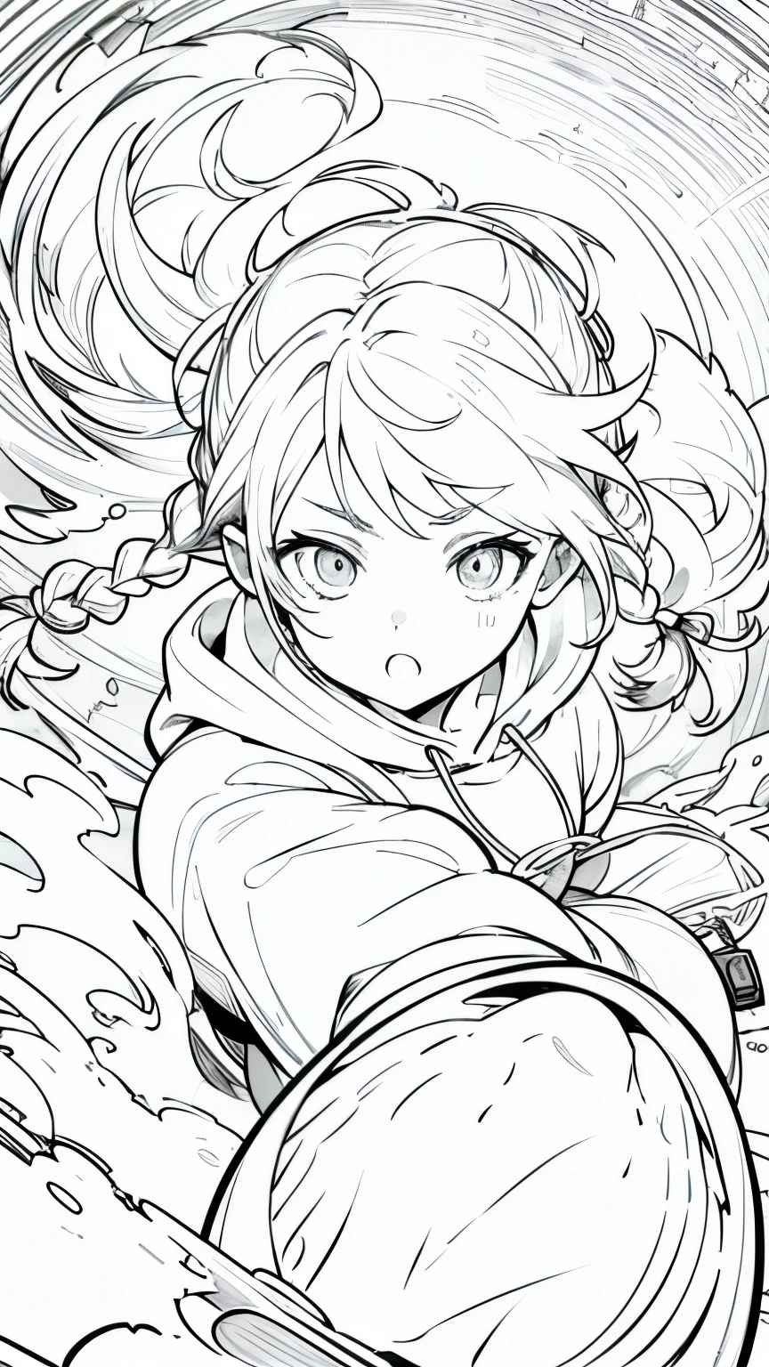 Line art, masterpiece, highest quality, Super Detail、Braid、Oversized hoodie,Cool expression,Cool backgrounds,Get Ready,Round eyes、Dynamic pose,Pull out the sword
