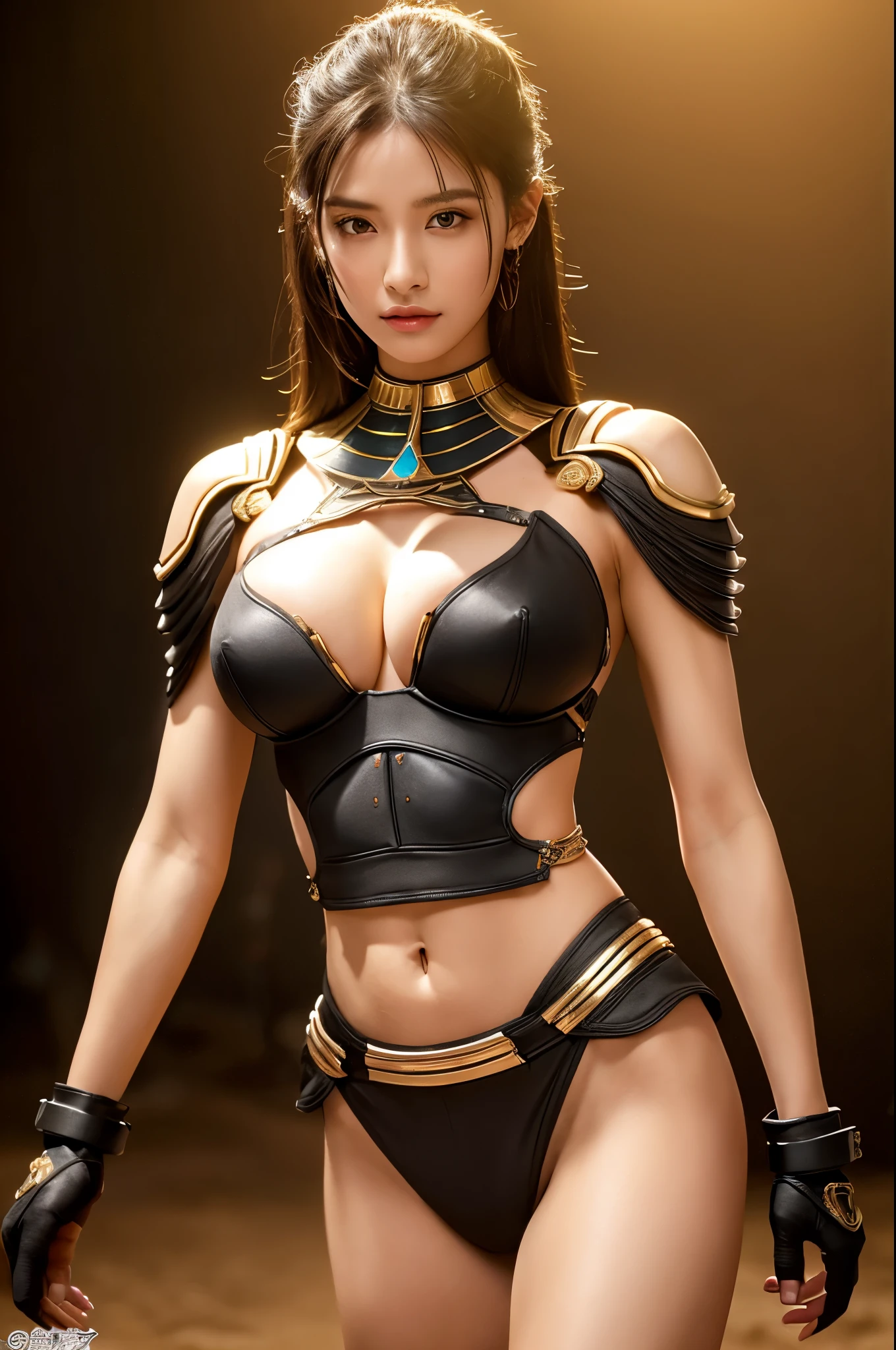 8k,Egyptian women with very large breasts,so beautiful(Like the real thing),Black extra large chest armor,超リアルなBrown Skin,Luxury black pants,Red and white tattoos all over the body(large body),sexy,Muscular and slim body,Toned Abs,black shoulder pad,Black waist armor,Black leg armor,masterpiece,Photorealistic RAW photos of the highest quality。Bright colors,Rich colors, Backlight, Cinema Lighting, Film Grain, to be born, 50mm lens, Nikon D850,Realistic Skin,Fantasy art,Character Art,Ultra-high resolution,Surreal,A wonderful work of art、((Kyoto Panel Style))、Wind effects:1.9、Cloud Effect:1.2、Full Rendering、Beautiful armor patterns and decorations,Surreal,Armor details,Professional quality high resolution、Perfect contrast、Perfect lighting、Perfect composition、Perfect Skin、Perfect Fingers、Perfect breasts、Perfect Hair、Perfect Face、Realistic facial features,super highest quality,Slim figure,Perfect body line,Perfect hand shape,Anatomical body balance,Highly detailed face,Highly detailed eyes,Beautiful Lips,Excellent light particles,Cinema Lighting,Makeup,Ultra-high resolution,超Realistic Skin,sexyな女性のクローズアップ,Dynamic pose,Hard and strong abs,Brown Skin,Egyptian Goddess,Sunburned skin,エジプトのMakeup,desert,