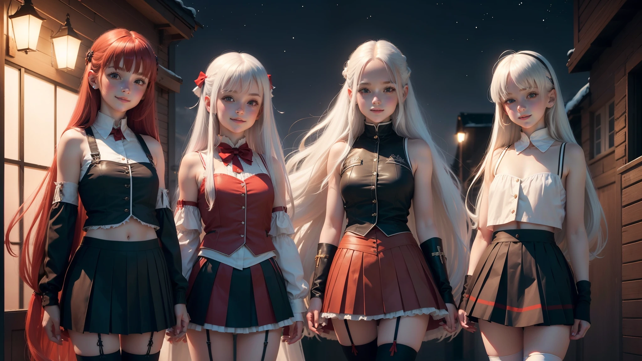 10 years old white-haired and red-haired Europeans girls, Europeans girls, cute, young, with long hair, sleeveless jackets, pleated skirt, cropped tops, night time, smiling, stockings with garters