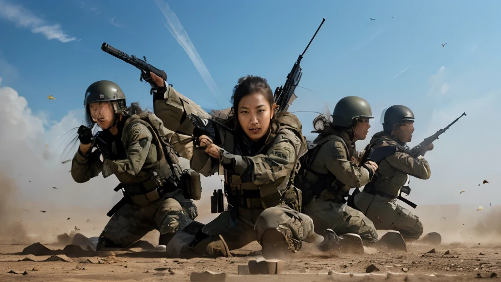 Grand war scene，A group of Chinese female special forces soldiers parachuting and fighting with assault rifles, bulletproof vest, Backpack, boots, covered in wounds, Determined gaze,Exquisite face，Dynamic poses, Chariot，Fighter，Tactical Formation，Innovative configuration, Oil painting effect of dust in the air，Wide screen