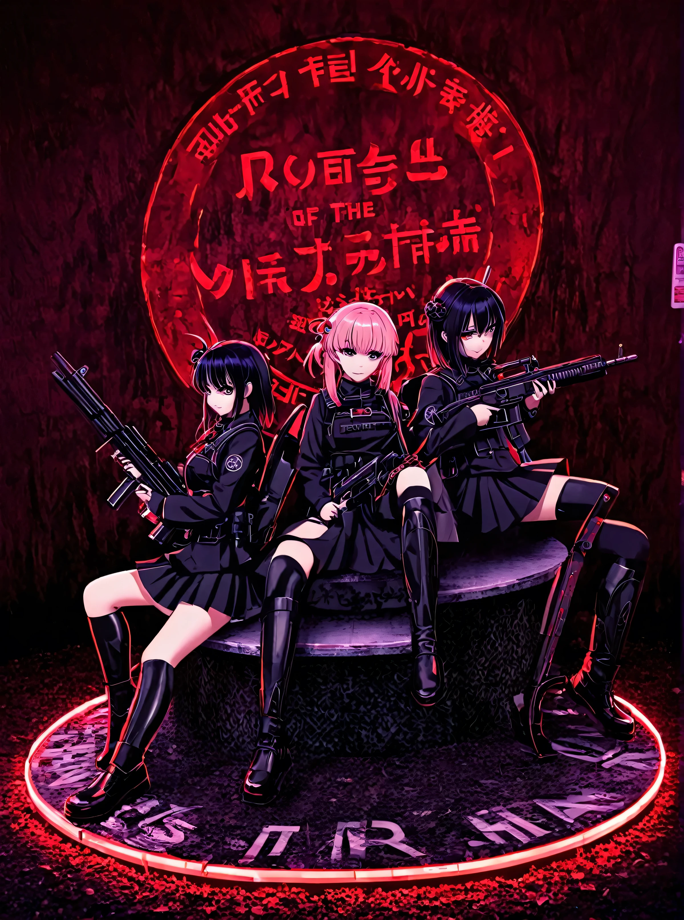Two anime goths holding submachine guns, Sitting on top of a written sign,  " ROSS DARK", The sign has each letter fixed to the ground,The sign is made of iron, the sign with red LEDs, the background of the image is a circle, anime girl, pretty girls, demon girls, s girls