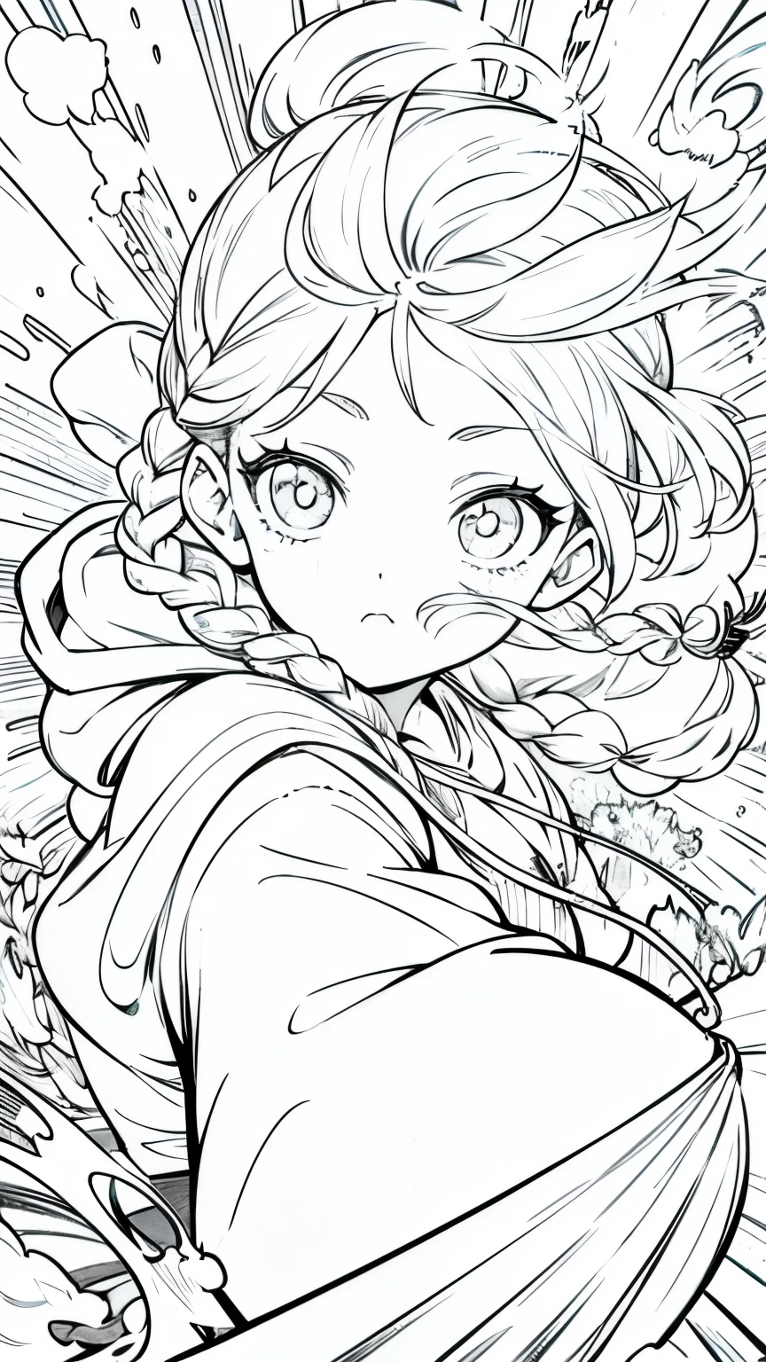 Line art, masterpiece, highest quality, Super Detail、Braid、Oversized hoodie,Cool expression,Round eyes、Dynamic pose,Pull out the sword,Water breathing