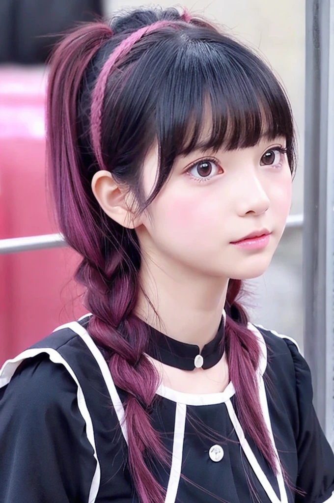 Hair color is black、The bangs are even、Hairstyle is half twin tail、The eyes are double、The dress is pale pink、Please make a cute anime-style image of a girl with her hands lightly clasped together, her chin on her chest, and her eyes looking up as if asking for something.。