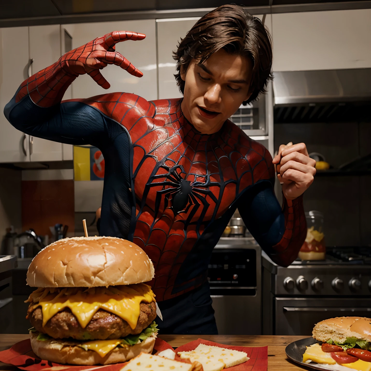 Make Spider-Man eat a hamburger with lots of cheese