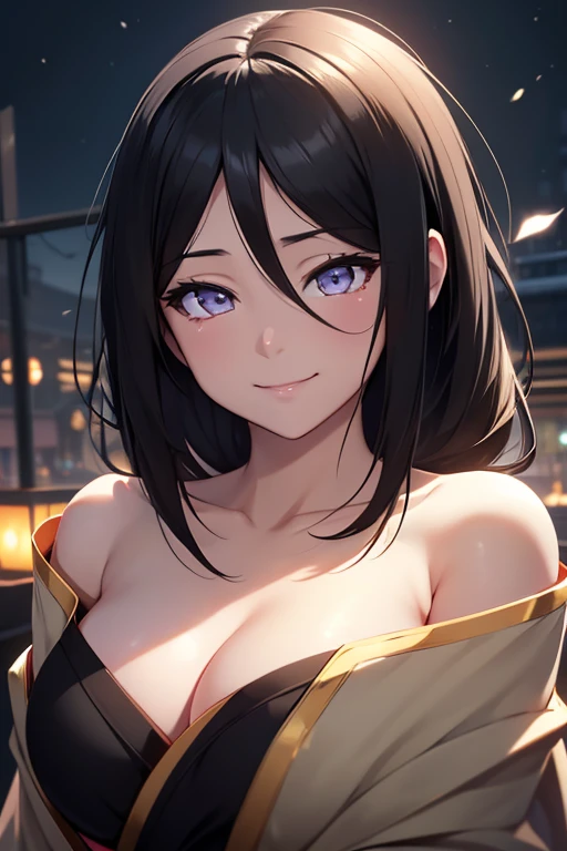 light effect, soft, super clear, high-definition picture, (front), masterpiece, cinematic lighting, Hyuga Hanabi, byakugan eyes, black hair, 1girl, solo, looking at viewer, smile, small breast, open shoulder, black dress