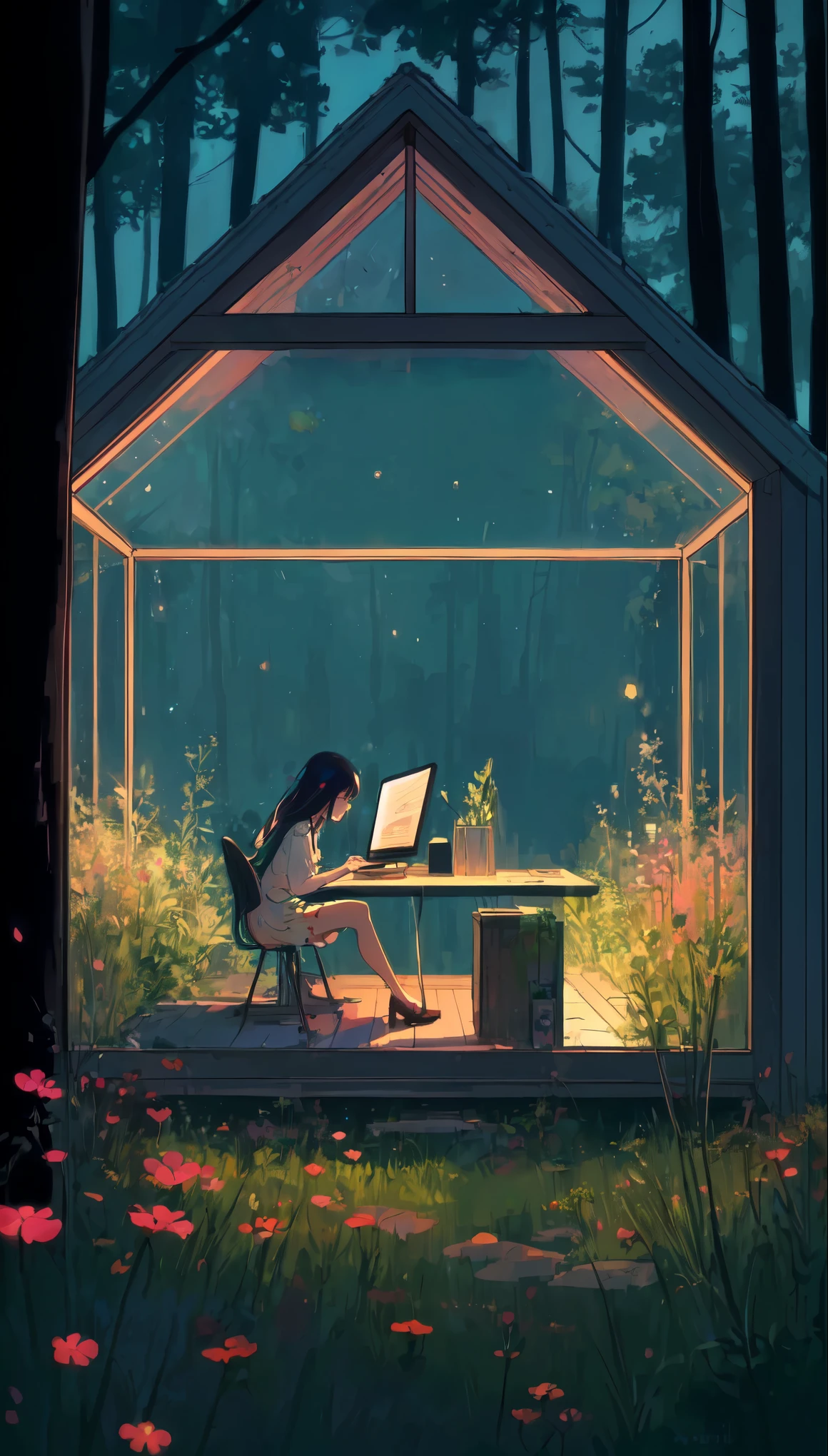 a girl sitting on chair working on laptop in a glass transparent cabin in the woods, fairy lights, grass, multicolored flowers, lo-fi, lofi art style, by Atey Ghailan, simin stalenhag, inspired by Pascale Campion, neon lights, blurry and dreamy illustration, ( ( ( yoshinari yoh ) ) ), loish and goro fujita, by Pascale Campion, tuomas korpi and wlop, Simon Stellenhag,  4k hd, beautiful art uhd 4 k, a beautiful artwork illustration, beautiful digital painting, highly detailed digital painting, beautiful digital artwork, detailed painting 4 k, very detailed digital painting, rich picturesque colors, gorgeous digital painting