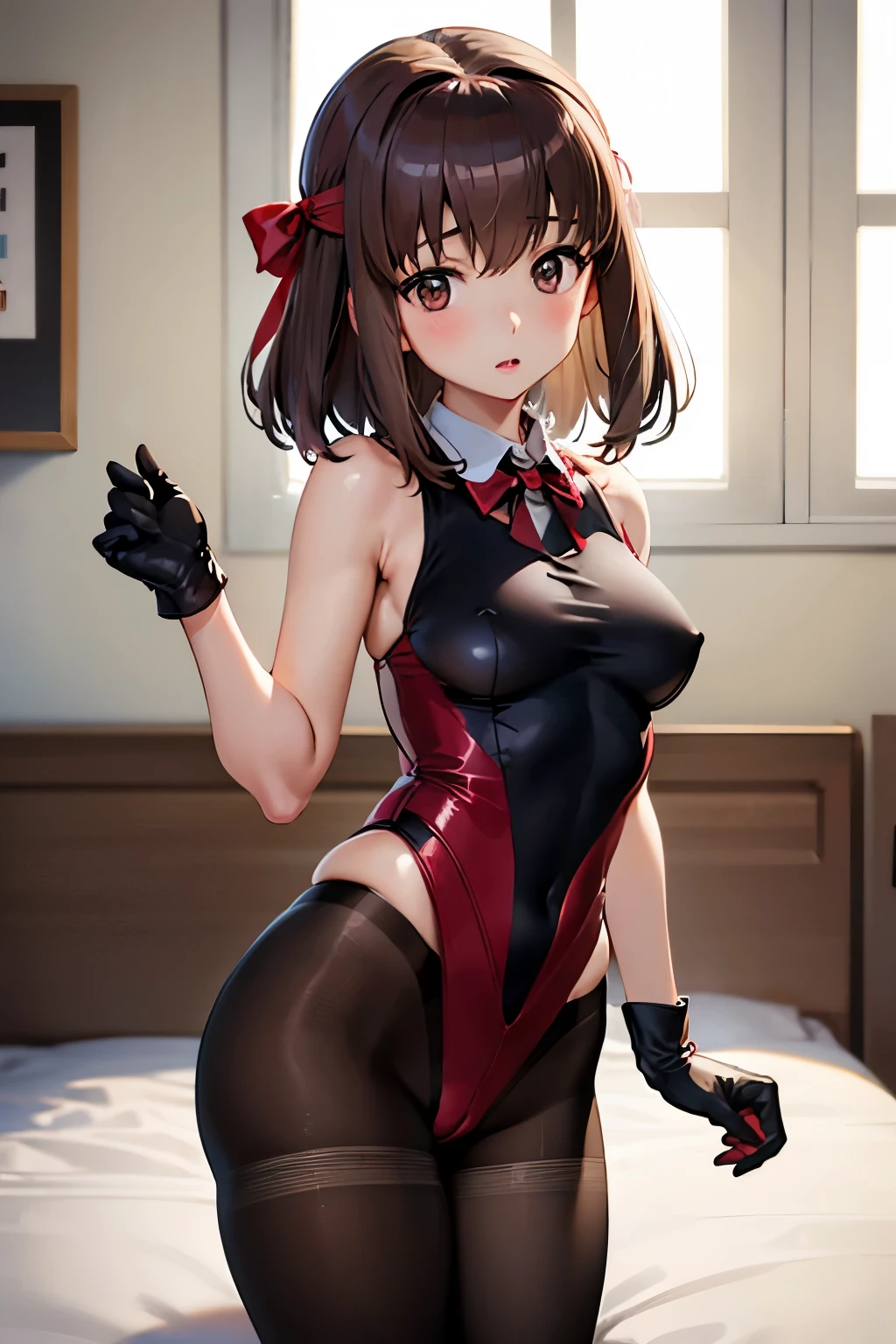 Taeko Kondo、Girls&Panzer、Brown Hair、Short Hair、((pantyhose))、Photo from below、Medium chest、Bedroom、(Swimsuit)、Red ribbon、Black gloves、、leotard