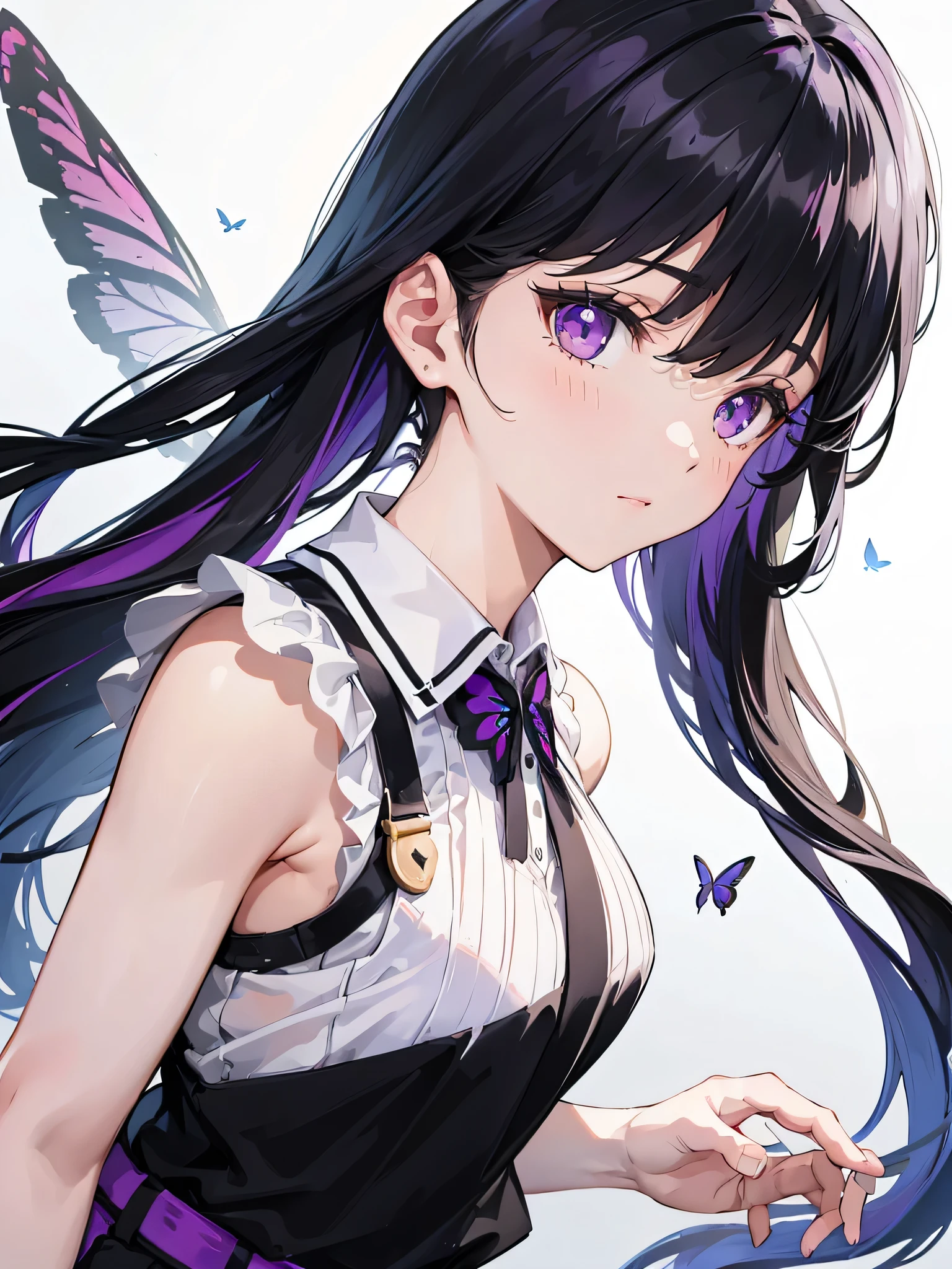 1 girl,black hair,purple eyes,wearing white sleeveless shirt,black shorts,high socks,butterflies,nature,(best quality:1.2),ultra-detailed,(realistic:1.37),vibrant colors,sharp focus,high res,8K,masterpiece,looking at viewer.