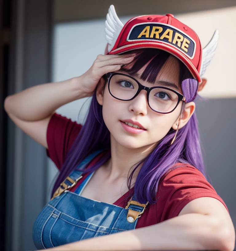 (masterpiece, highest quality:1.4), (Are standing:1.5) (Dynamic pose:1), One girl, alone, (European youth:1), Arale, Glasses, blue eyes, Long Hair, Purple Hair, Short sleeve, Wing Hat, Red hat in the word "Arale", (Wing Cap:1.5), Red Shirt, Blue Overalls, View your viewers, Beautiful smile, Beautiful Face, Highly detailed face, Highly detailed eyes, Highly detailed skin, Skin pores, Scattered beneath the surface, Realistic pupils, Apply blush all over the face, Fuller lips, Detailed Background, Depth of written boundary, Volumetric lighting, Sharp focus, Absurd, Realistic proportions, Excellent anatomy, (Realistic, hyperRealistic:1.4), 16K HDR,