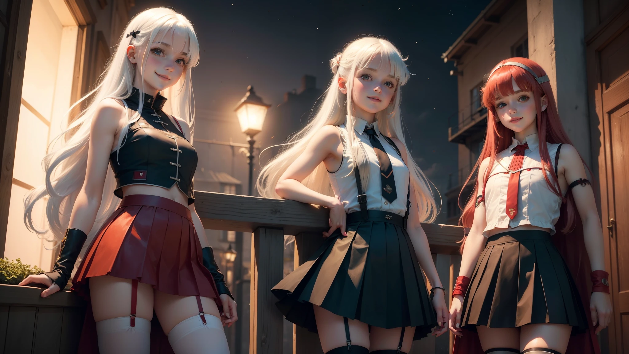 white-haired and red-haired Europeans girls, Europeans girls, cute, young, with long hair, sleeveless jackets, pleated skirt, cropped tops, night time, smiling, stockings with garters