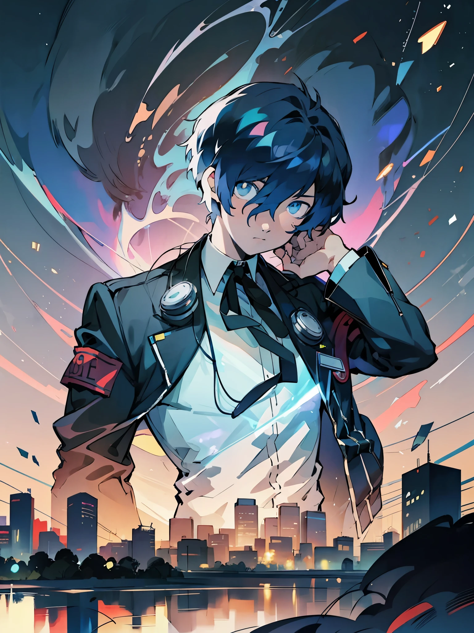 Solo, 1 boy, Makoto yuki, cool pose, perfect anatomy, neat lineart,4k, city landscape scenery, looking at camera, glowing lights in the background, black roses on the ground, 
, jacket, ribbon, armband, digital media player, dark blue hair, black jacket, white shirt, ribbon on neck, short hair, hair covering one eye, gloomy expression