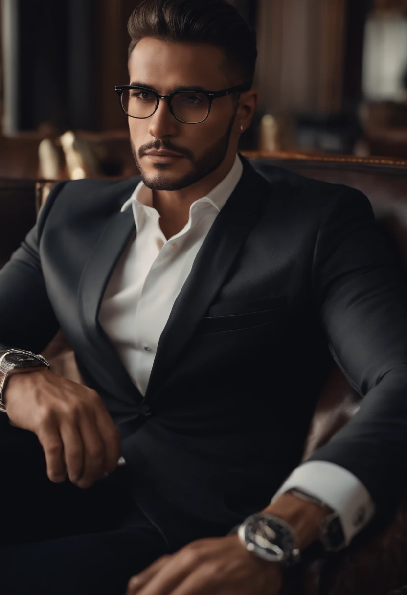 Handsome businessman with naturally super realistic Latina suit and glasses, Realismo, 4k, Full HD, mirada penetrante