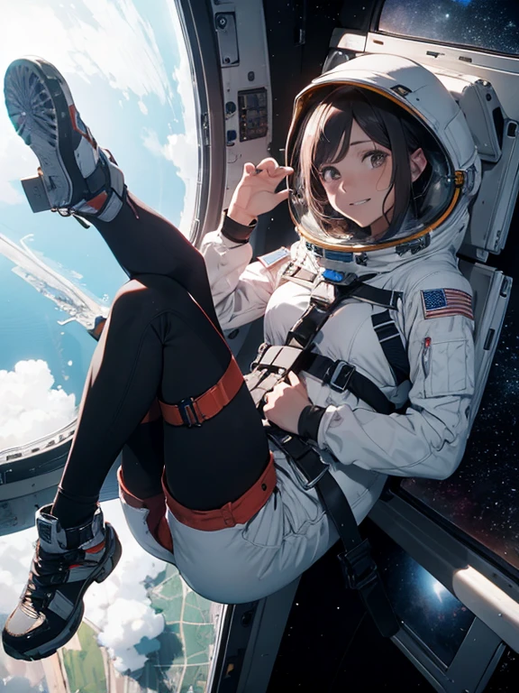 una chica flota en el espacio hacia su muerte, safety harness broke, MUERTE INMINENTE, feliz, traje astronauta, cae a la atmosfera...