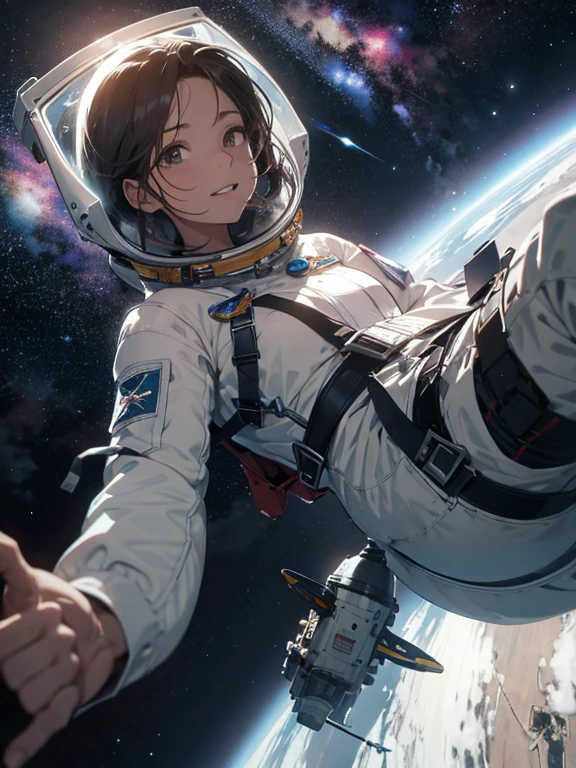una chica flota en el espacio hacia su muerte, safety harness broke, MUERTE INMINENTE, feliz, traje astronauta, cae a la atmosfera...