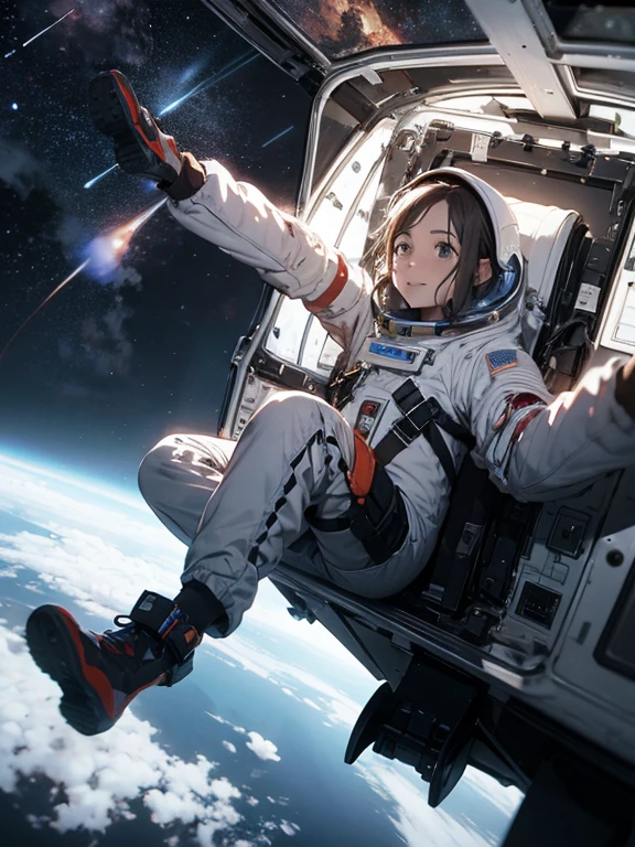 una chica flota en el espacio hacia su muerte, safety harness broke, MUERTE INMINENTE, feliz, traje astronauta, cae a la atmosfera...
