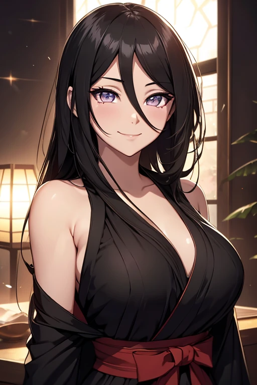 light effect, soft, super clear, high-definition picture, (front), masterpiece, cinematic lighting, Hyuga Hanabi, byakugan eyes, black hair, 1girl, solo, looking at viewer, smile, small breast, open shoulder, black long dress, wing glass holding, gala dinner