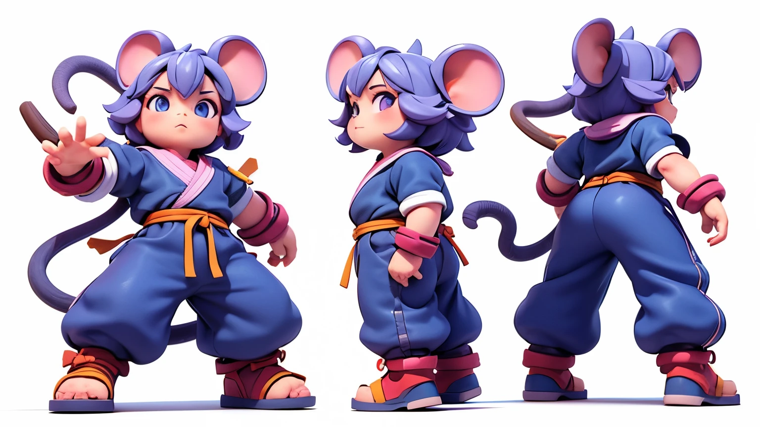 3D， threeviews，Three heads，Mid-shot, Visible throughout the body, Simple background, White background，Cartoon Street Fighter Rat, line work, Children&#39;s Book Illustrations, Comic character style, Graphic novel, Multiple angles and views of the same mouse. Soft watercolor colors, Mild haze.