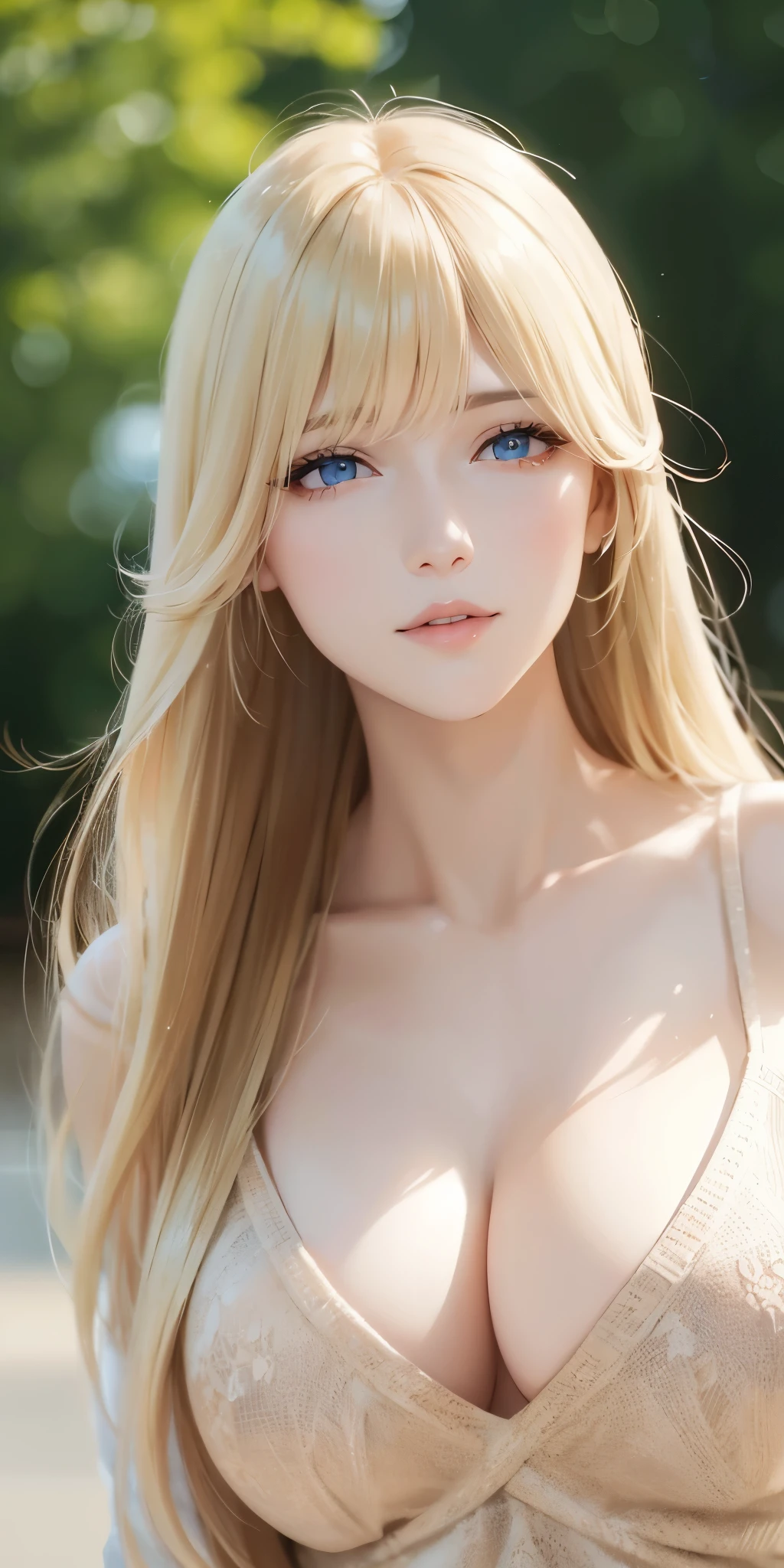 Elegant adult woman, long neck, long blonde hair, bangs, casual clothes, cleavage, soft light, high quality, 4k resolution