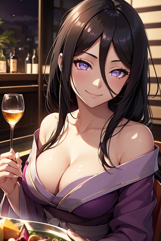 light effect, soft, super clear, high-definition picture, (front), masterpiece, cinematic lighting, Hyuga Hanabi, byakugan eyes, black hair, 1girl, solo, looking at viewer, smile, small breast, open shoulder, purple long dress, wine glass holding, gala dinner