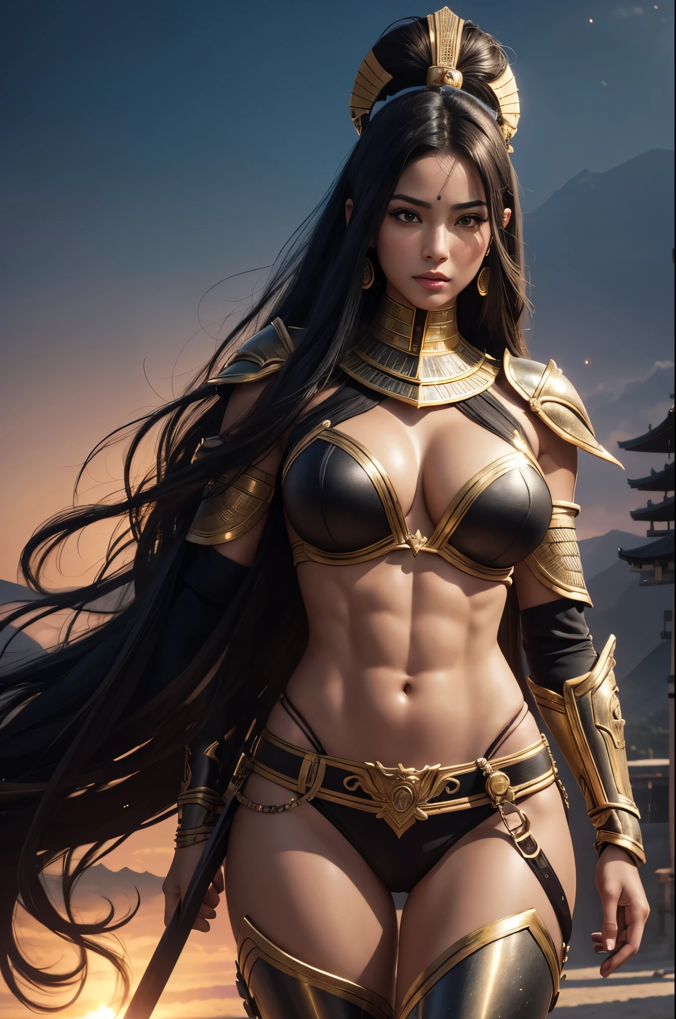 8k,Egyptian women with very large breasts,so beautiful(Like the real thing),Black extra large chest armor,超リアルなBrown Skin,Luxury black pants,Red and white tattoos all over the body(large body),sexy,Muscular and slim body,Toned Abs,black shoulder pad,Black waist armor,Black leg armor,masterpiece,Photorealistic RAW photos of the highest quality。Bright colors,Rich colors, Backlight, Cinema Lighting, Film Grain, to be born, 50mm lens, Nikon D850,Realistic Skin,Fantasy art,Character Art,Ultra-high resolution,Surreal,A wonderful work of art、((Kyoto Panel Style))、Wind effects:1.9、Cloud Effect:1.2、Full Rendering、Beautiful armor patterns and decorations,Surreal,Armor details,Professional quality high resolution、Perfect contrast、Perfect lighting、Perfect composition、Perfect Skin、Perfect Fingers、Perfect breasts、Perfect Hair、Perfect Face、Realistic facial features,super highest quality,Slim figure,Perfect body line,Perfect hand shape,Anatomical body balance,Highly detailed face,Highly detailed eyes,Beautiful Lips,Excellent light particles,Cinema Lighting,Makeup,Ultra-high resolution,超Realistic Skin,sexyな女性のクローズアップ,Dynamic pose,Hard and strong abs,Brown Skin,Egyptian Goddess,Sunburned skin,エジプトのMakeup,desert,