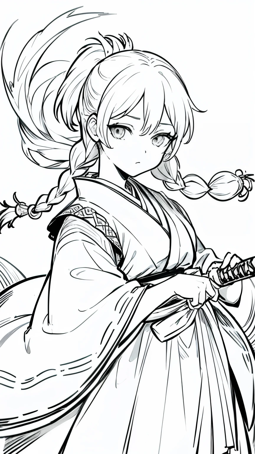 Line art, masterpiece, highest quality, Super Detail、Braid、Simple Kimono,Cool expression,A sword is attached to his waist,Cool look、BLEACH