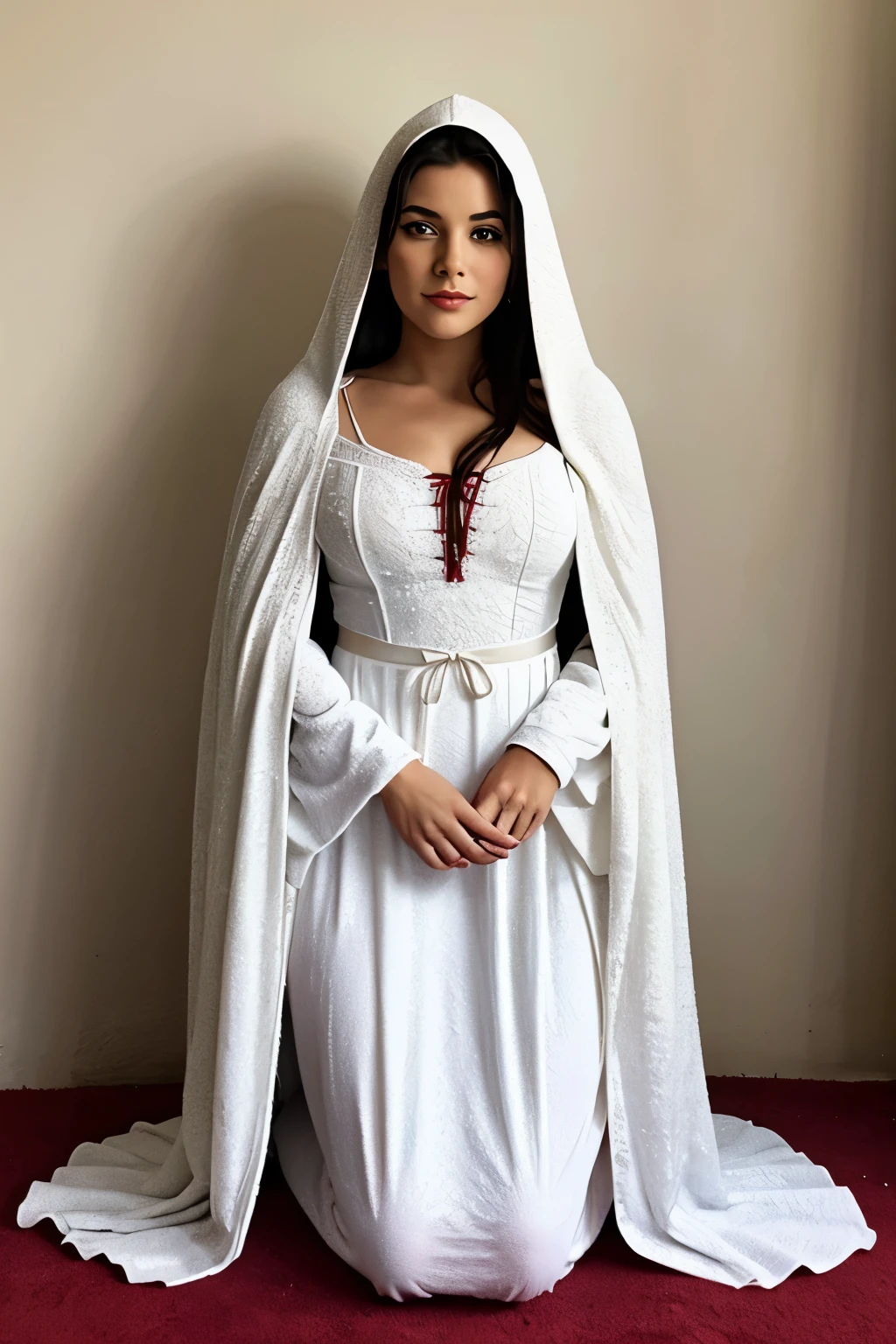 mulher loira com pele bem clara e rosto angelical, peitos grandes, wearing a long red cape with a hood and a rustic white medieval nightgown, kneeling on the floor, cansada e exausta, no meio de uma masmorra antiga ((medieval clothes)) ((lugar todo sujo e escuro)) ((sujeira por todo o corpo da mulher))