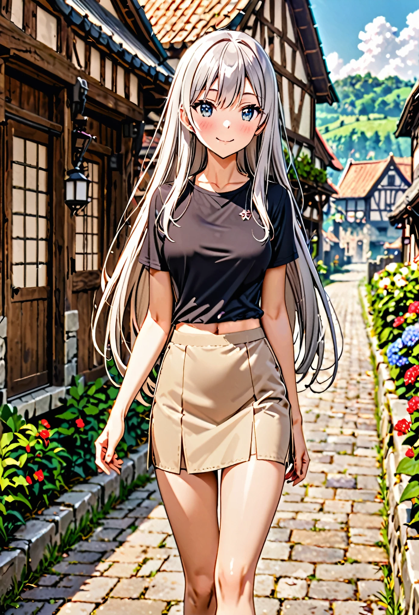 Fantasy art、1 female,The perfect 25 years old,((ideal ratio body proportions,small head:1.7)),tan skin,((high quality anime, 8k,masterpiece,Perfect Anatomy)),(beautiful detailed face and eyes,gorgeous eye:1.3,Almond Eyes),brown eyes,  BREAK  ,(silver hair),Straight long hair,bangs,blush,smile,cowboy shot,medium breasts,slender body,skinny,stroll、walk、  BREAK  ,(beige mini skirt,A plain off-white cotton shirt、navel)、Simple leather boots、  BREAK  ,Fantasy World、A simple rural village、