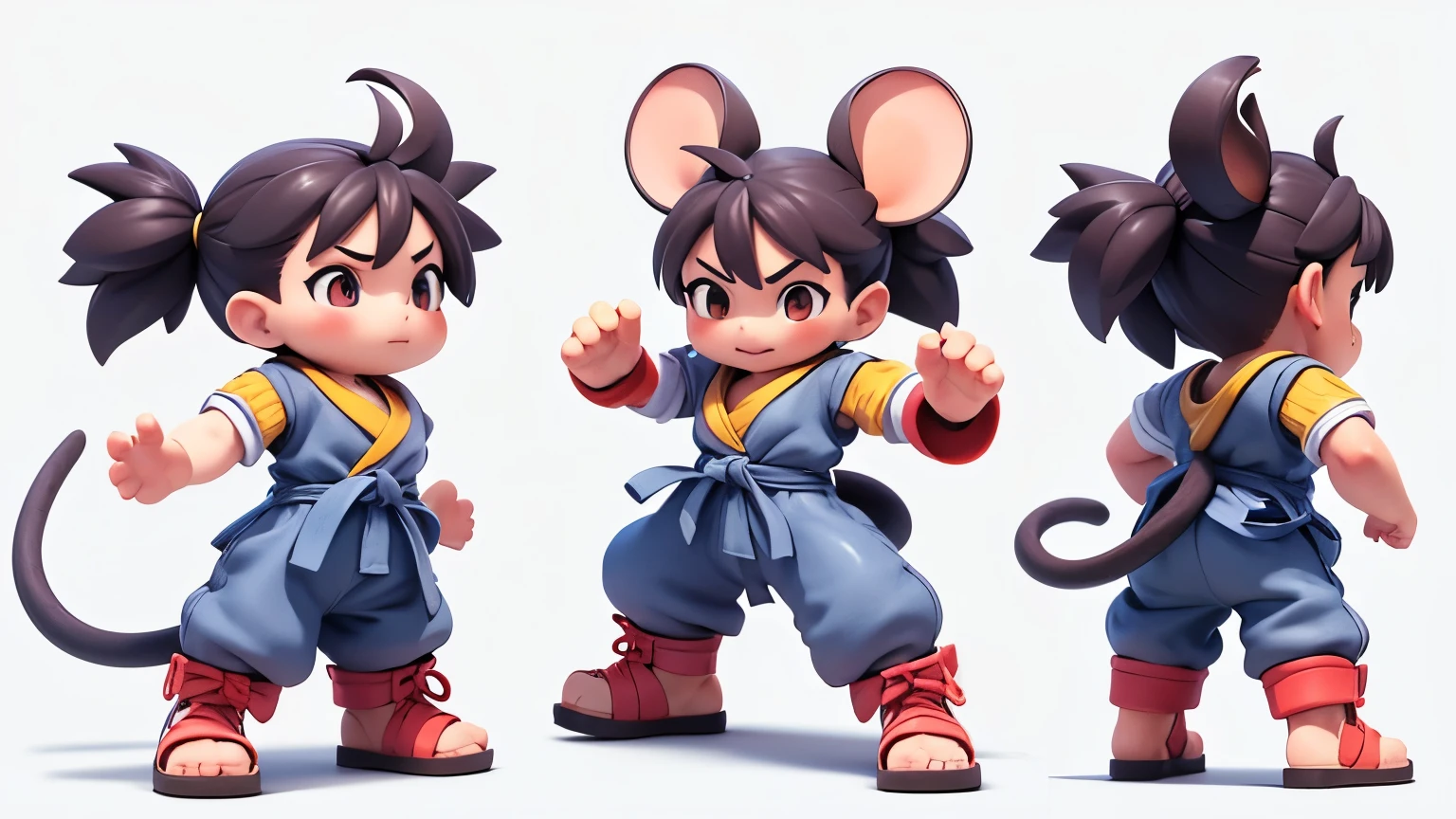 3D, threeviews,Three heads,(Character design table),Front view,Side view,Back view,Mid-shot, Visible throughout the body, Simple background, White background,Cartoon Street Fighter Rat, line work, Children's Book Illustrations, Comic character style, Graphic novel, Multiple angles and views of the same mouse. Soft watercolor colors, Mild haze.
