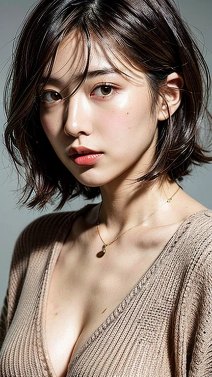 (Best quality, 8k, 32k, Masterpiece, UHD:1.2), pose of Pretty Japanese ultra hot woman, large breasts, very short bob hair,upper body,face focus, half-opened oversized_long sweater, showing clevage , damp sexy ,necklace, simple background, from above, looking at viewer,