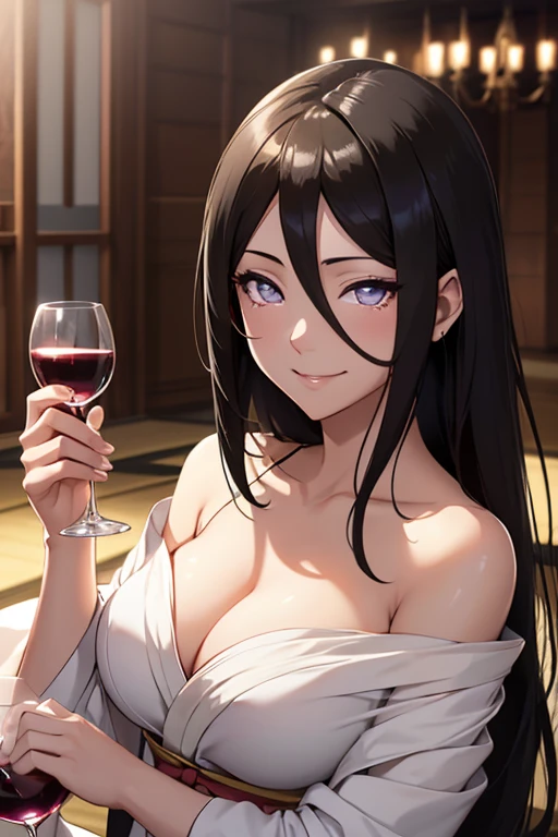 light effect, soft, super clear, high-definition picture, (front), masterpiece, cinematic lighting, Hyuga Hanabi, byakugan eyes, black hair, 1girl, solo, looking at viewer, smile, small breast, open shoulder, white long dress, wine glass holding, gala dinner