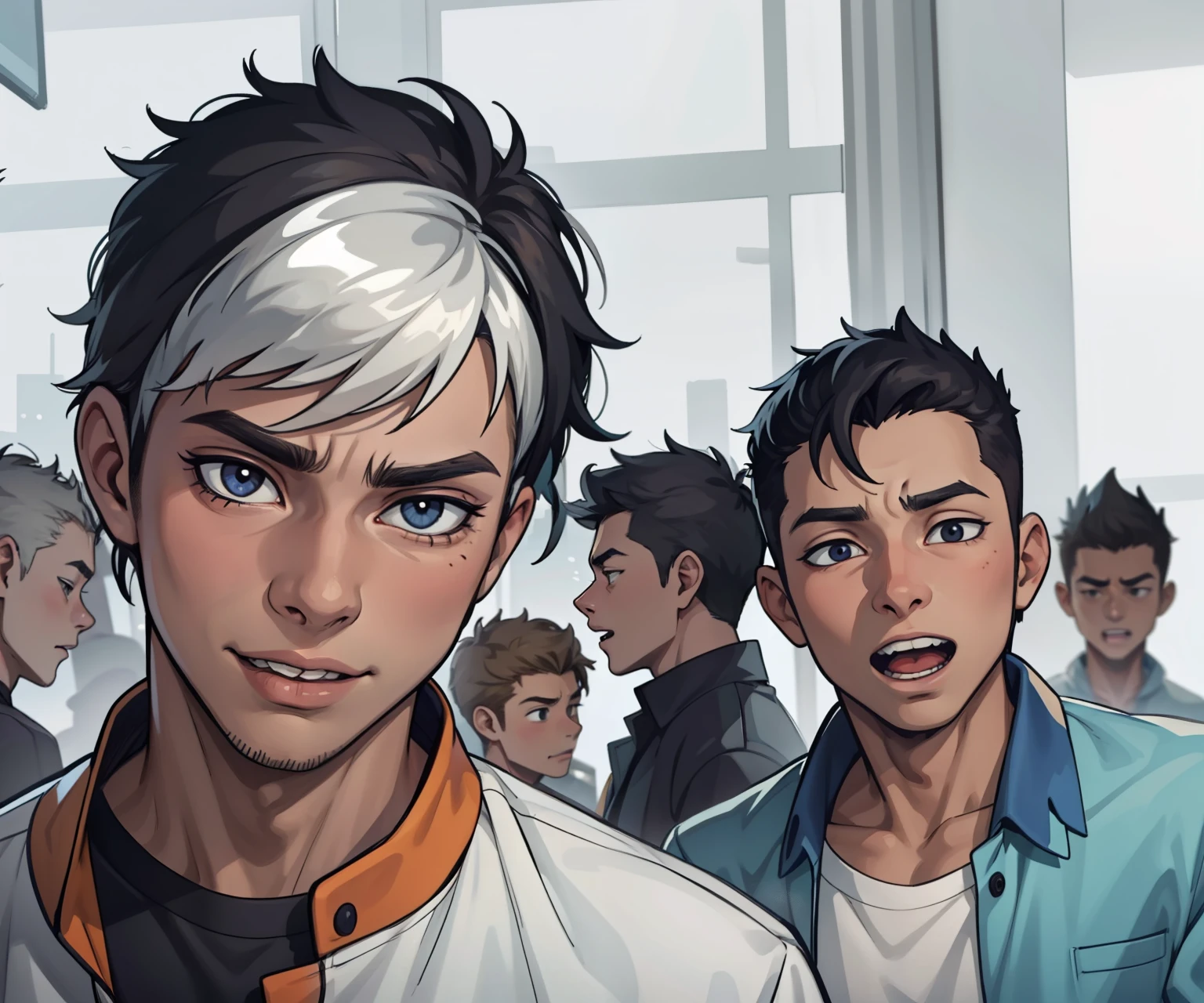 He is talking, open his mouth, young 17-year-old boy, he is nervous.
