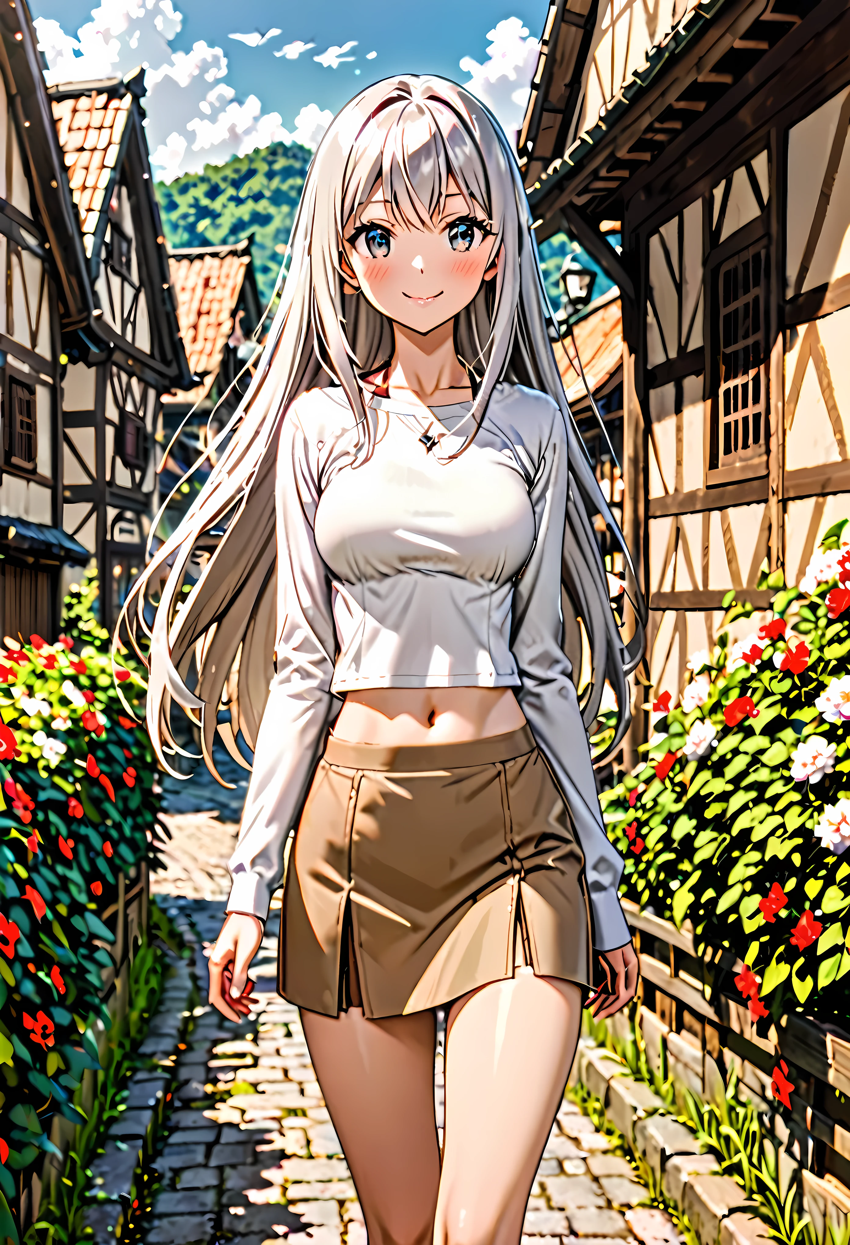 Fantasy art、1 female,The perfect 25 years old,((ideal ratio body proportions,small head:1.7)),tan skin,((high quality anime, 8k,masterpiece,Perfect Anatomy)),(beautiful detailed face and eyes,gorgeous eye:1.3,Almond Eyes),brown eyes,  BREAK  ,(silver hair),Straight long hair,bangs,blush,smile,cowboy shot,medium breasts,slender body,skinny,stroll、walk、  BREAK  ,(beige mini skirt,A plain off-white cotton shirt、navel)、Simple leather boots、  BREAK  ,Fantasy World、A simple rural village、