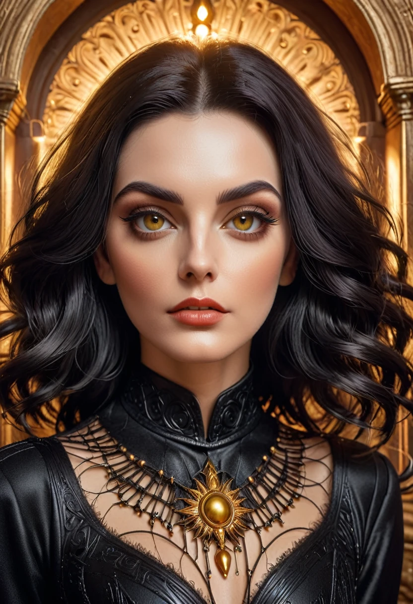 retrato de {Wandinha Addams}, Action {Sentada de pernas abertas}, com cabelo {Preto}, {dentro de um castelo} , perfect composition, corpo todo, hiperrealista, super detalhado, 8k, alta qualidade, Trend art, trend in the art season, sharp focus, studio photo, detalhes intrincados, altamente detalhado , por Greg Rutkowski
